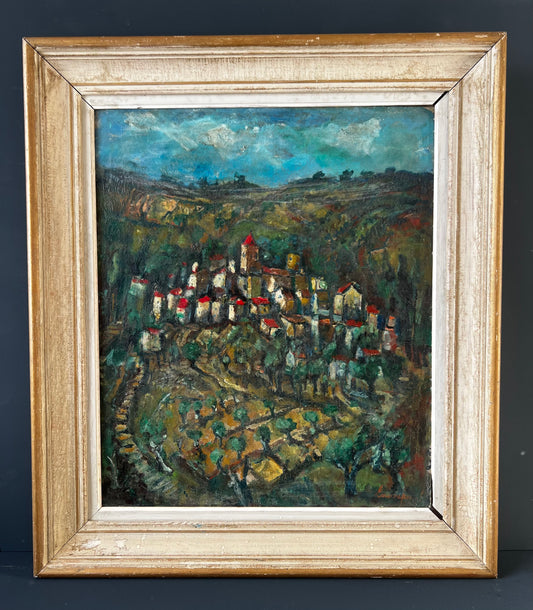 Large Provence Oil Painting of a Hilltop Village & Vineyard 1920