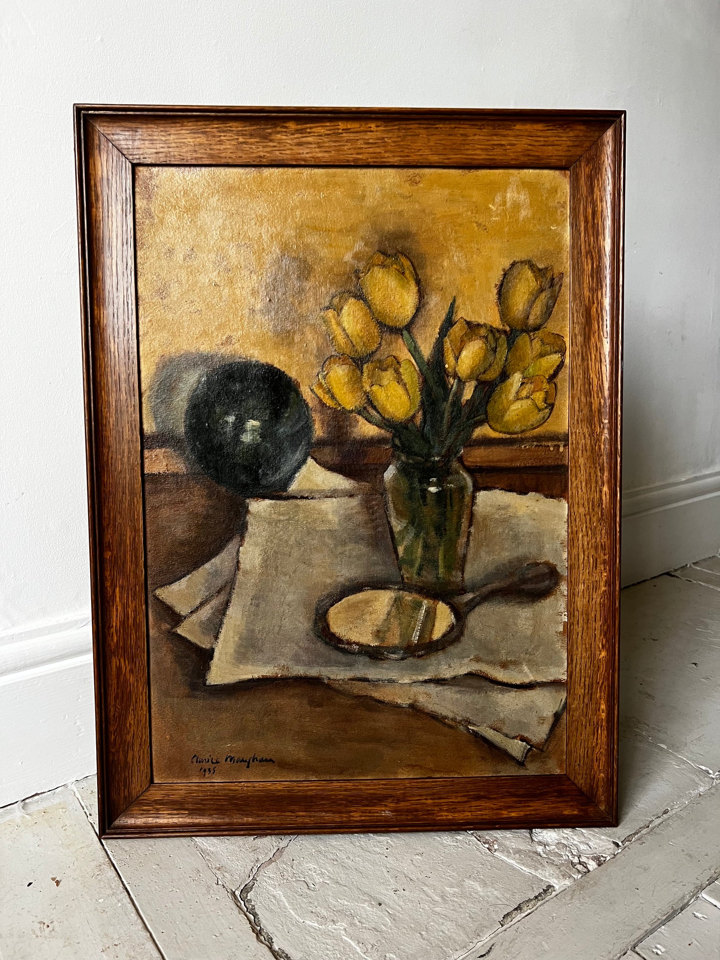 Beautiful Large Still Life Tulips Oil Painting by Clarice Mangham 1935