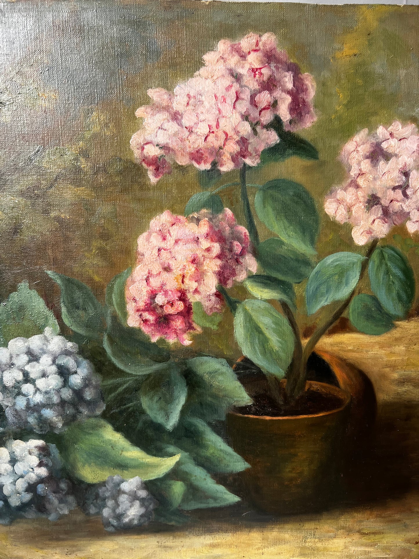 Large French Oil on Canvas Painting of Hydrangeas