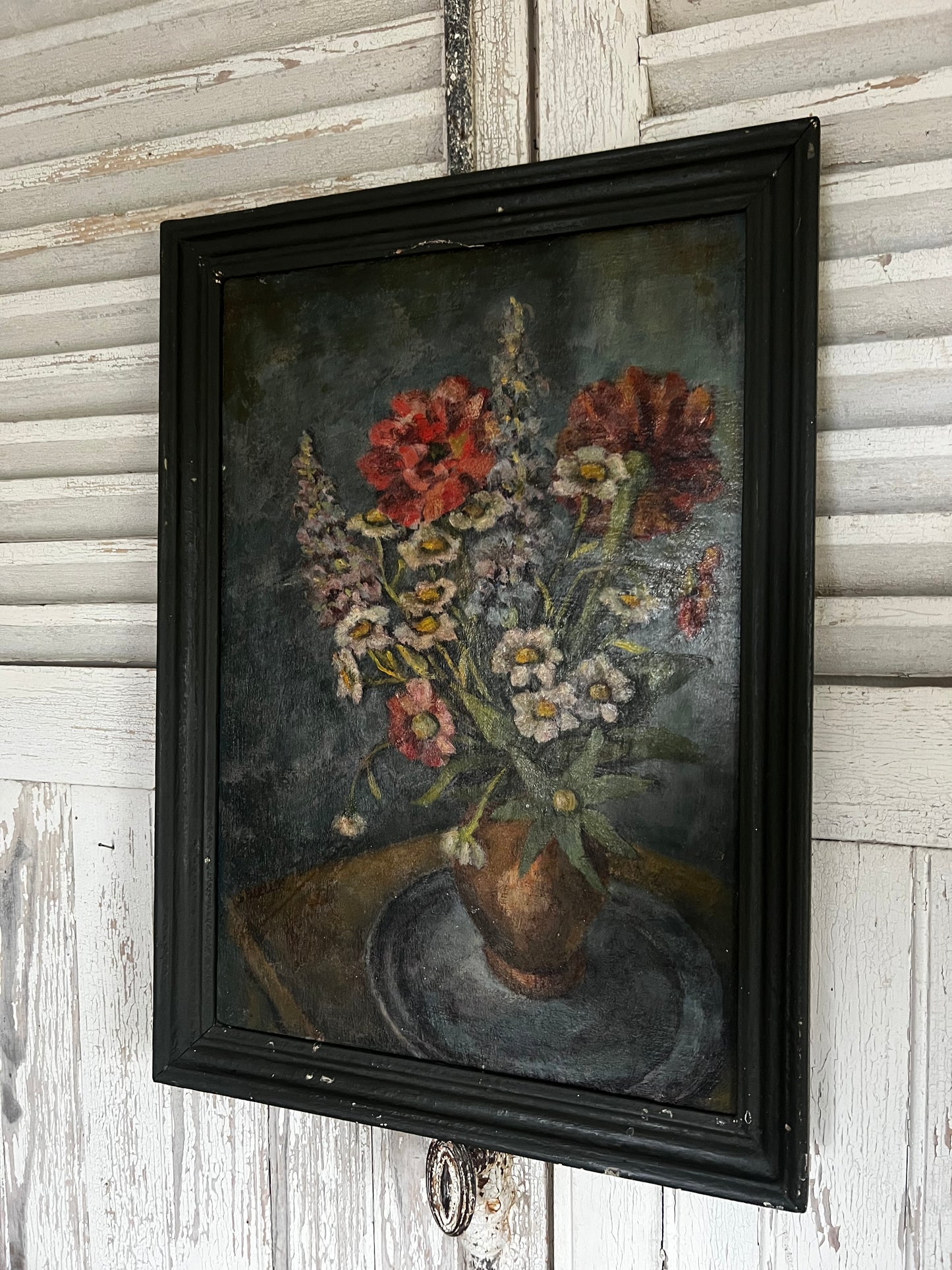 Large French Dark Floral Oil Painting