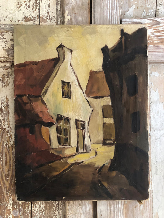 French oil on canvas village scene painting