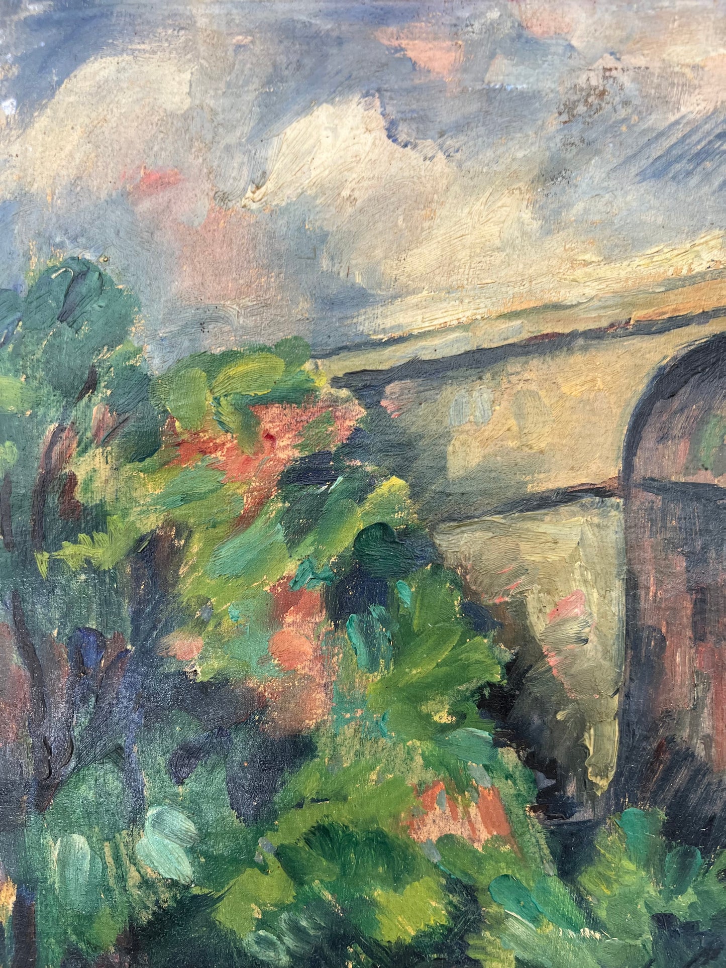 French Oil on Canvas Painting by Edouard Alluaud 1930’s ‘Viaduct Cottages’