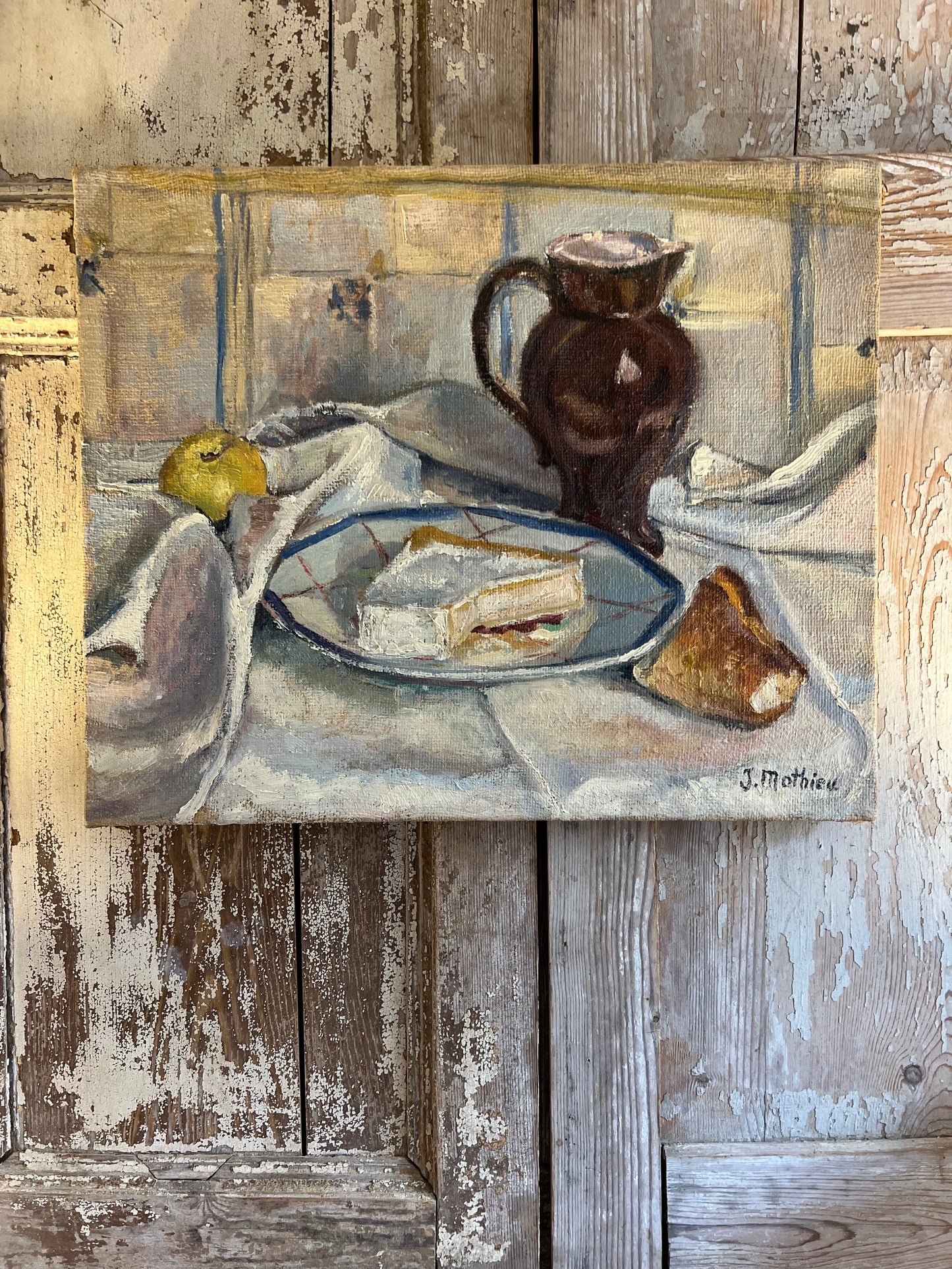 Cheese & Bread French Oil on Canvas Painting by J Mathieu 1955