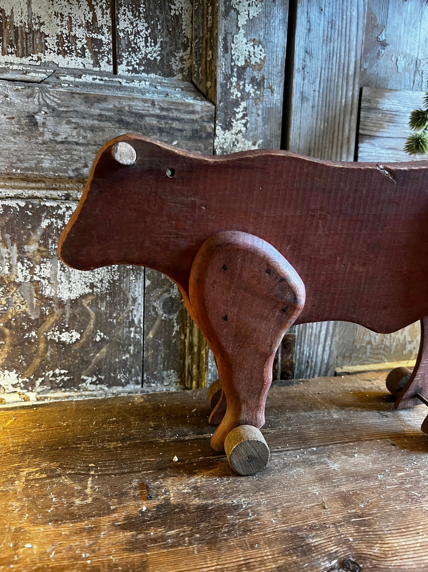Vintage French Wooden Cow on wheels