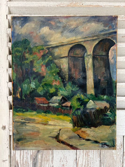 French Oil on Canvas Painting by Edouard Alluaud 1930’s ‘Viaduct Cottages’