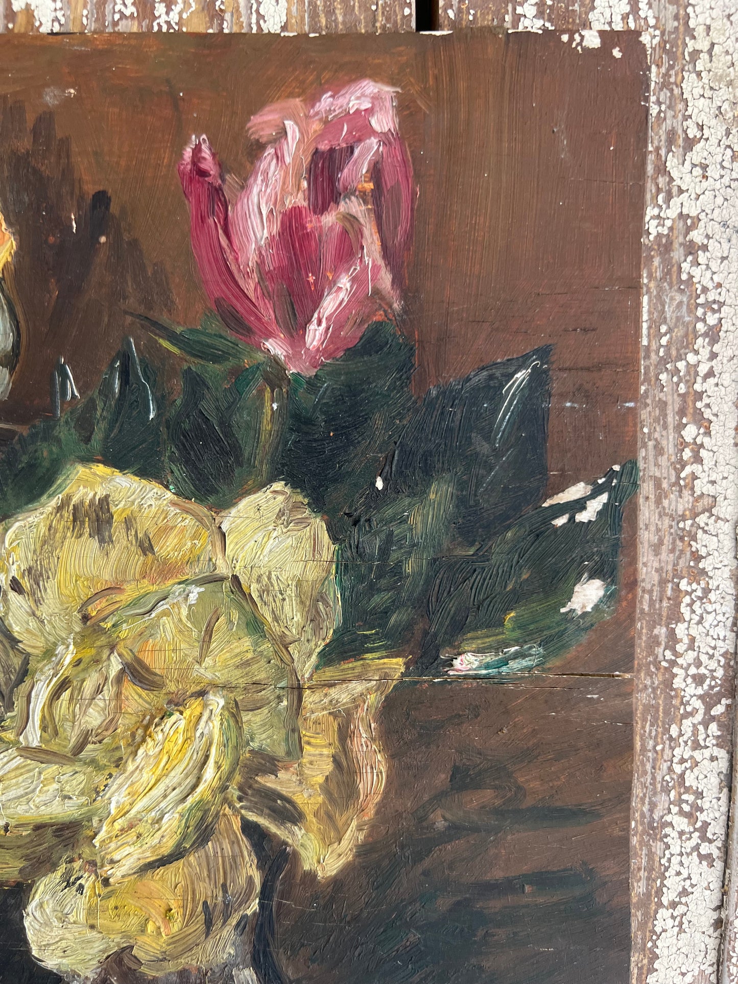 Charming Small French Floral Painting on red tablecloth Oil Painting