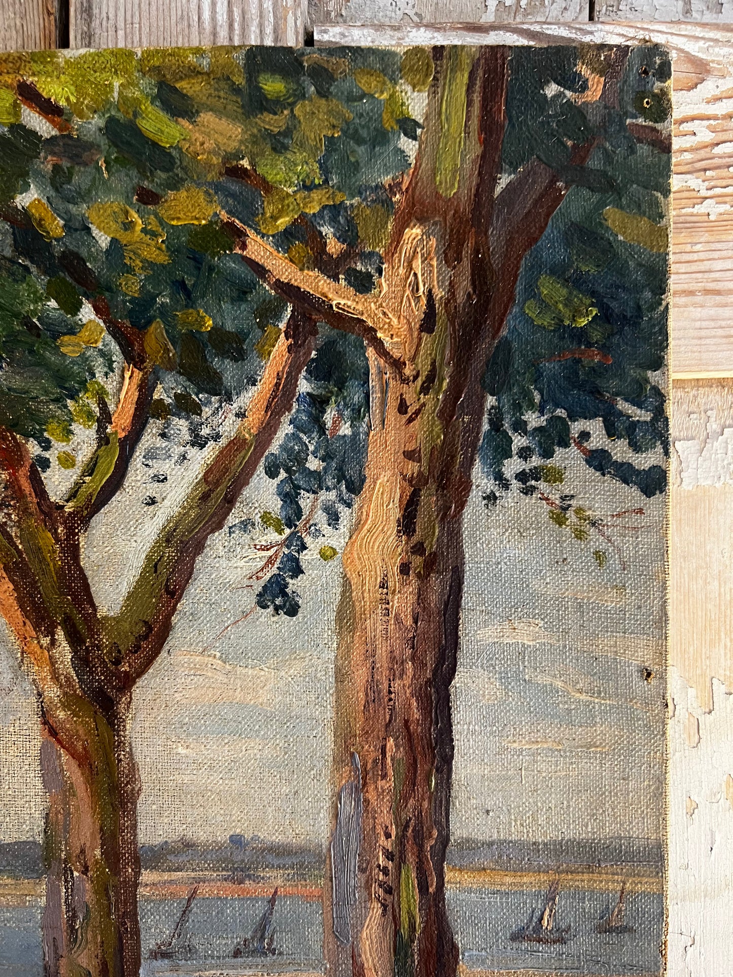 Pretty French Coastal Scene Oil on Canvas Painting