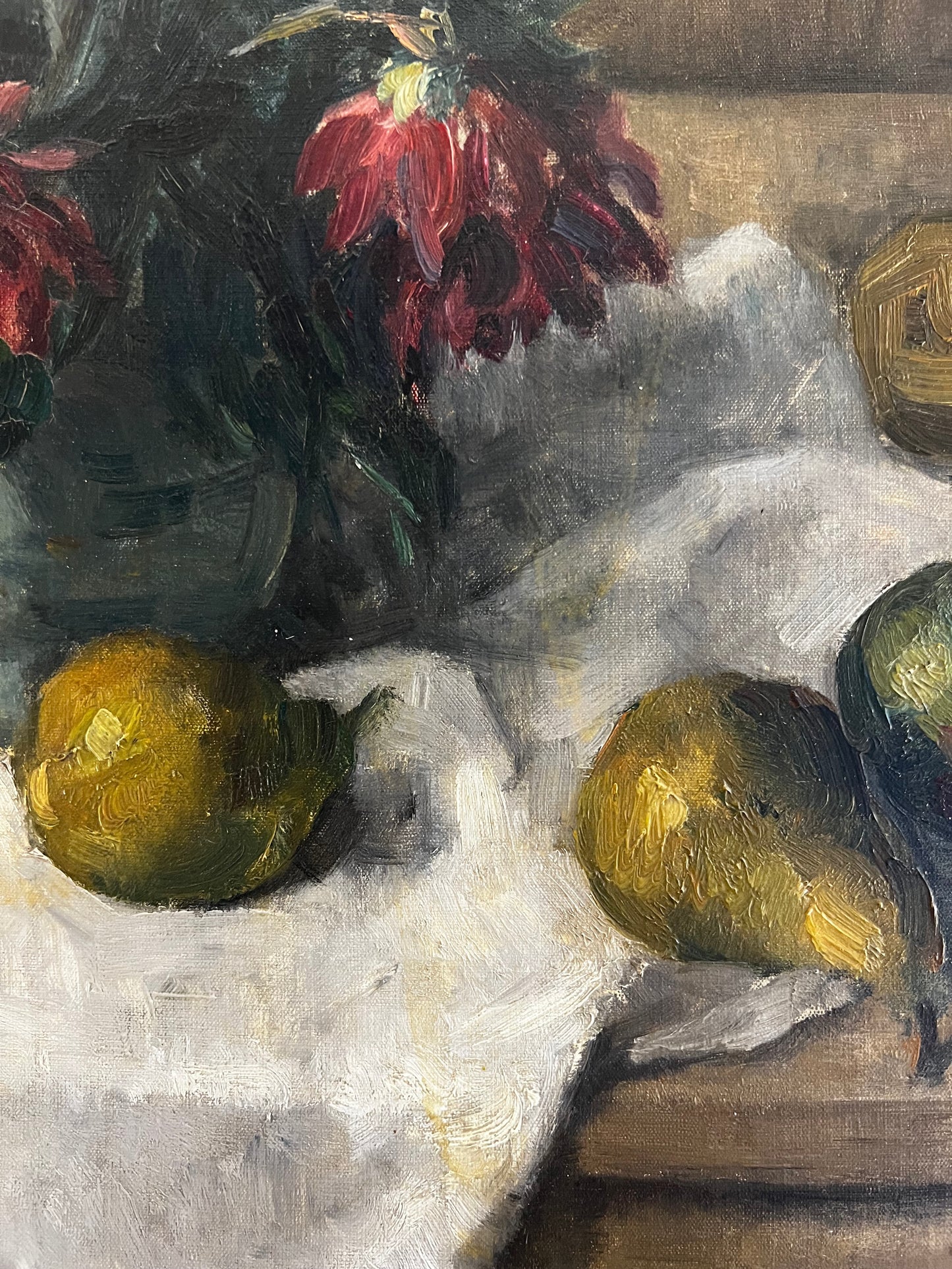French 1930’s Still Life Oil Painting on Canvas Pears & Flowers