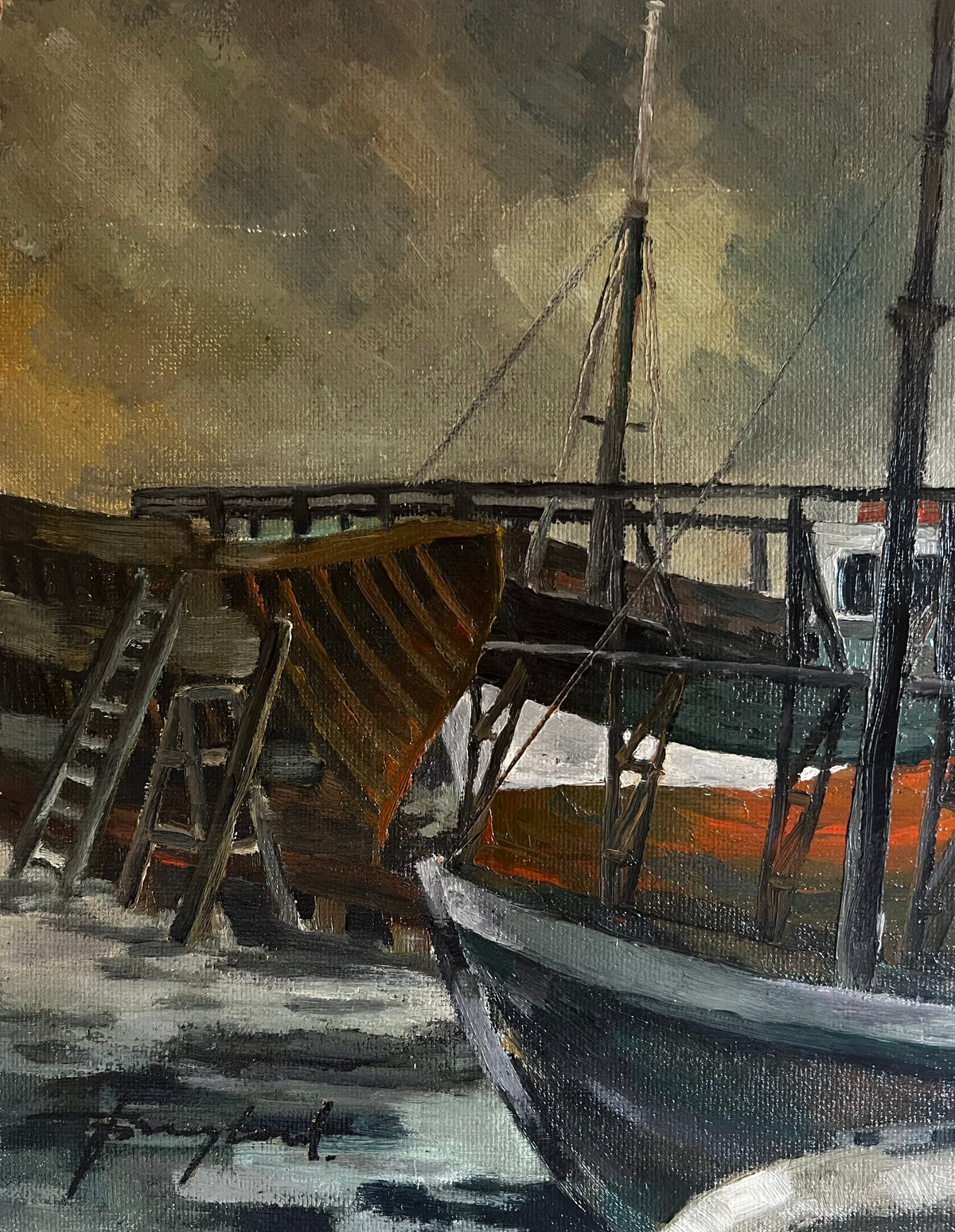 French Boats Oil Painting on Board