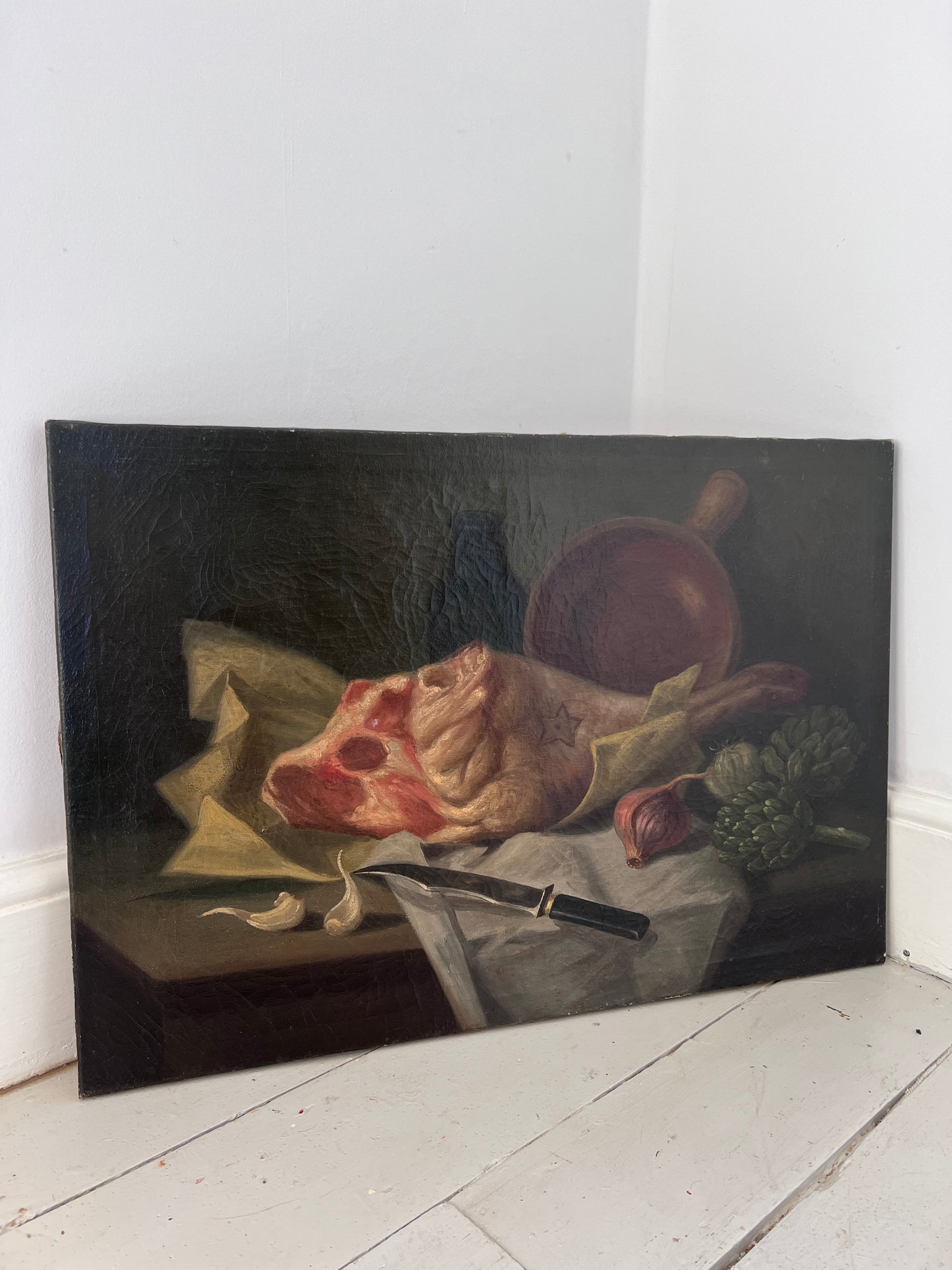 French 19th Century Dark oil on canvas still life painting