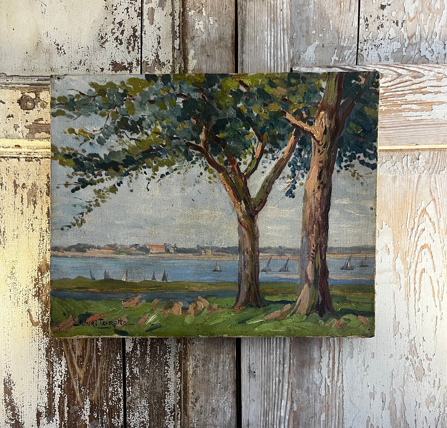 Pretty French Coastal Scene Oil on Canvas Painting