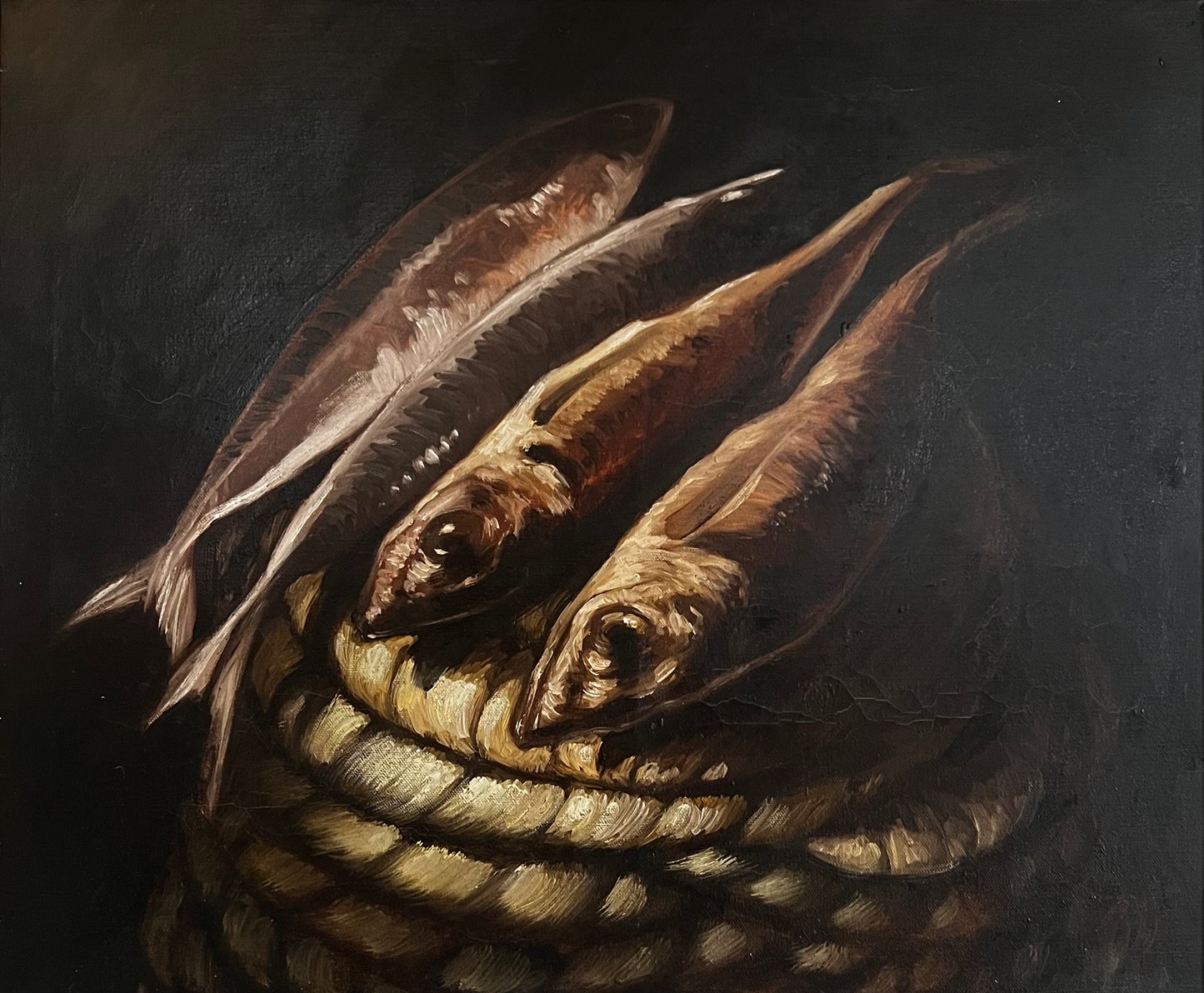 Large Vintage French Oil on Canvas Still Life Painting of Fish