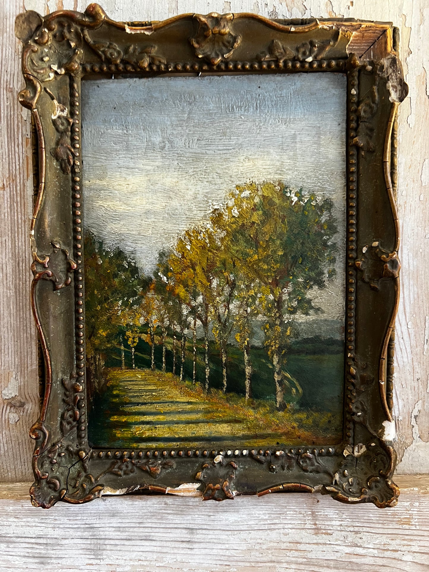 Small French Landscape Oil Painting on Wooden Board in original frame