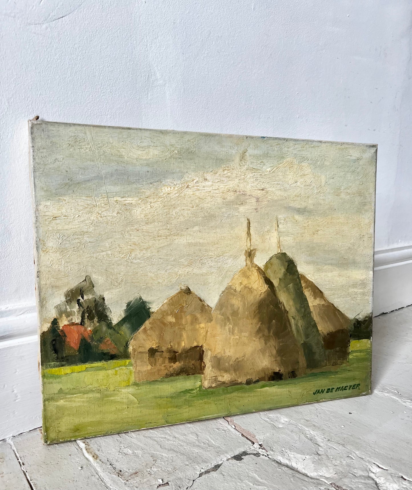 Belgian Oil on Canvas Painting of Haystacks by Jan De Maeyer
