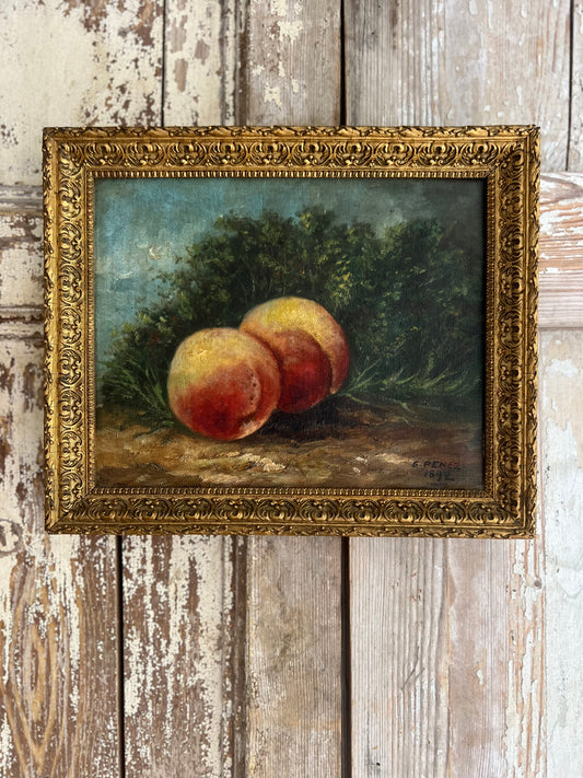 RESERVED FOR CARRIE Antique Framed Small oil Painting on canvas of Peaches dated 1892