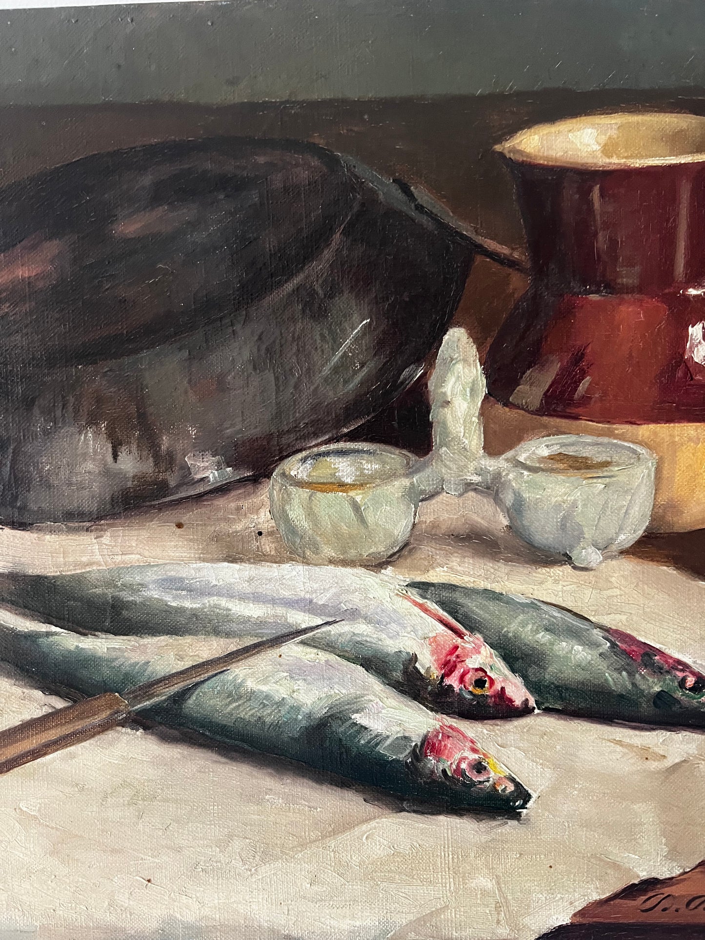 Stunning French Still Life Sardines Oil Painting on Canvas