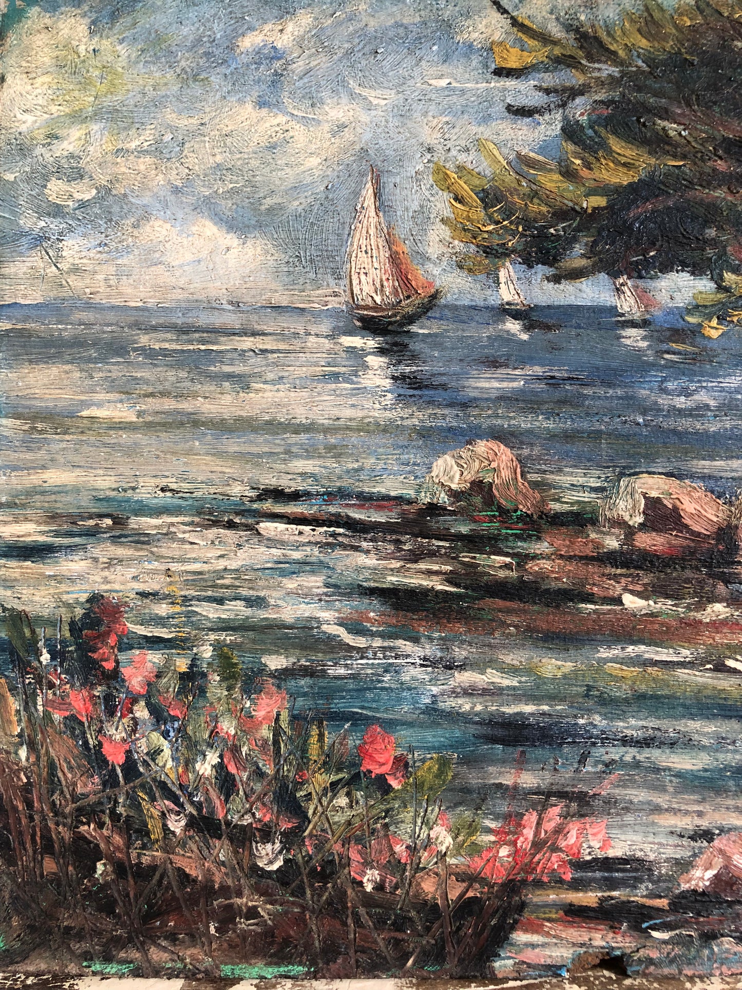 French 1930’s Oil on board seascape painting of Yachts on the Provence coast