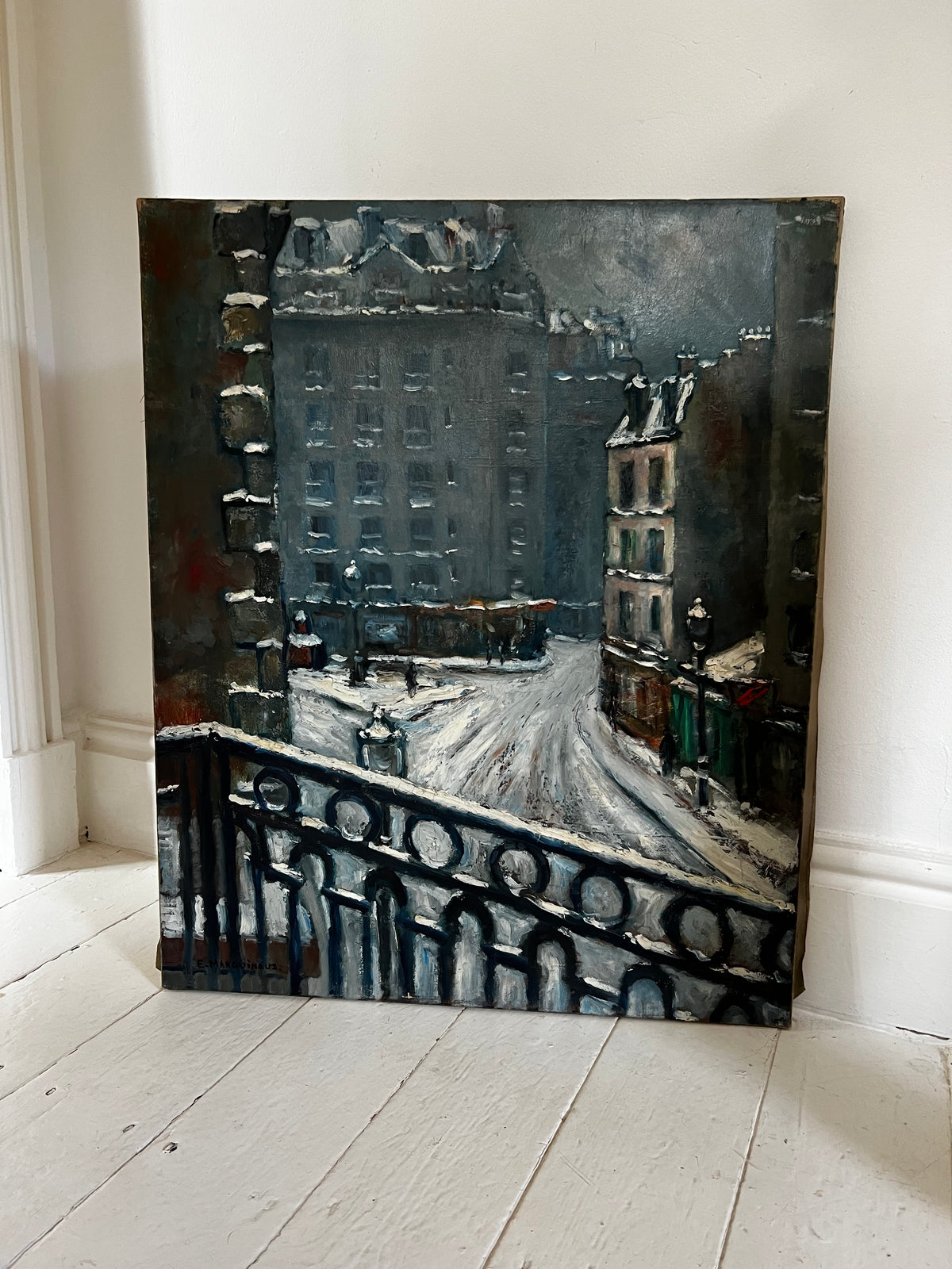 Large French Oil on Canvas Painting Paris 1946