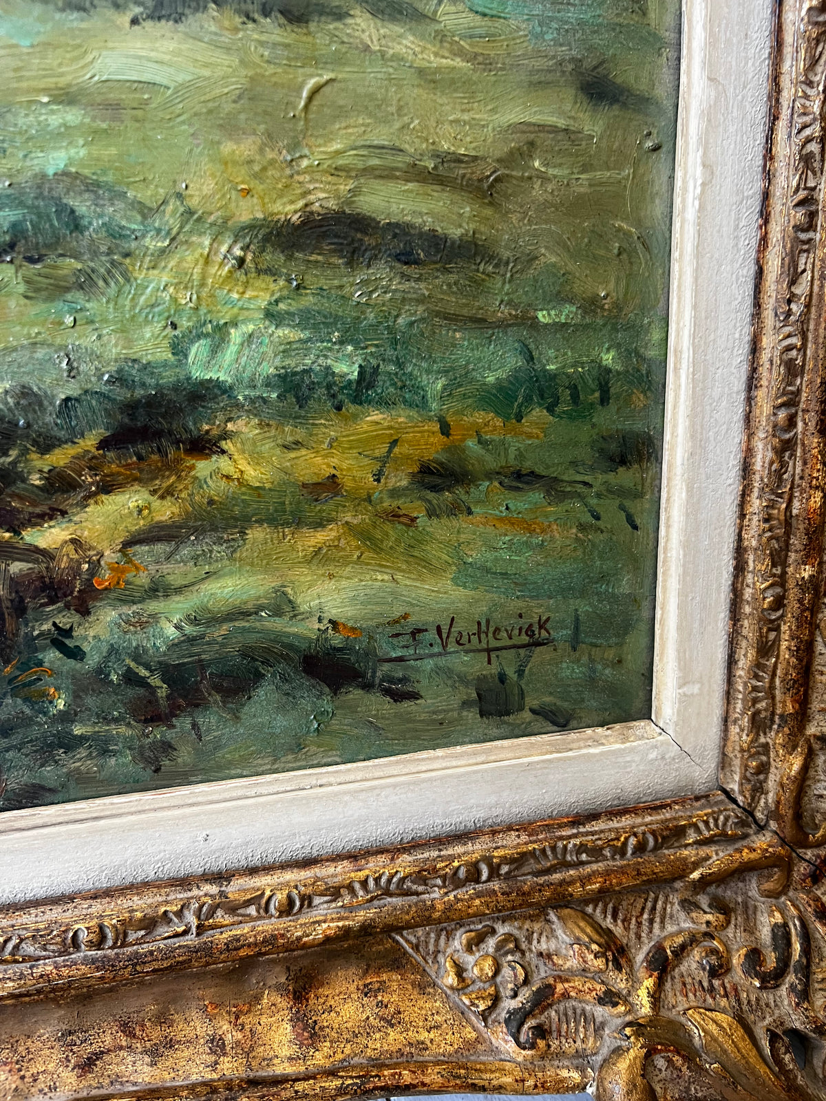 Large Belgian Landscape Oil Painting in beautiful frame