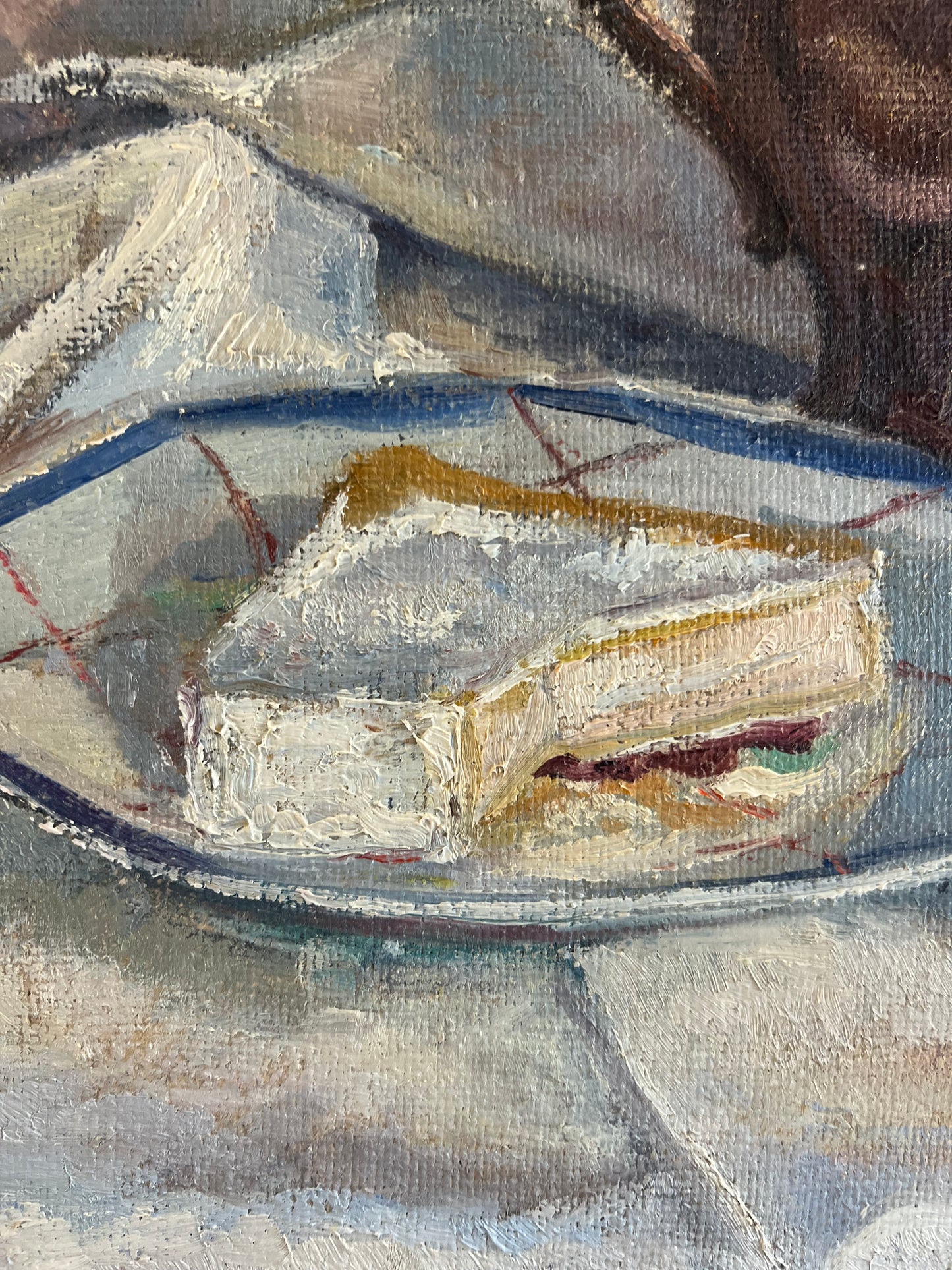 Cheese & Bread French Oil on Canvas Painting by J Mathieu 1955