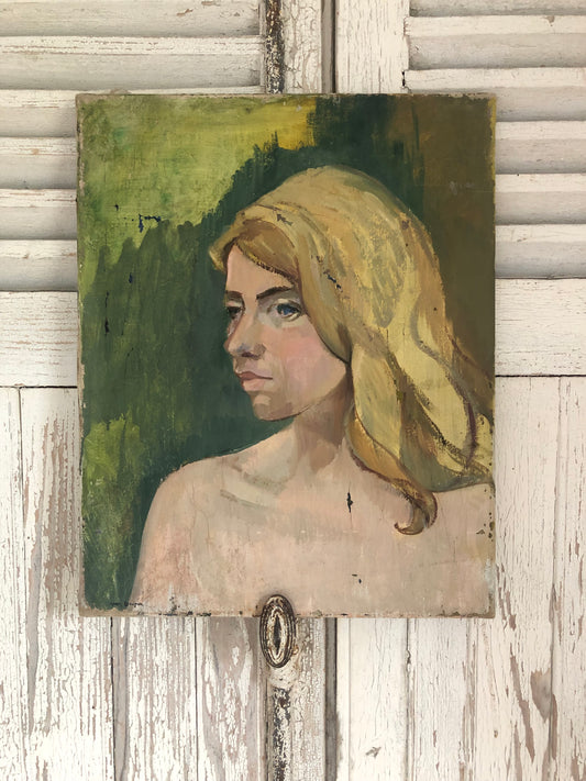 French Mid century oil on canvas portrait painting of a young woman