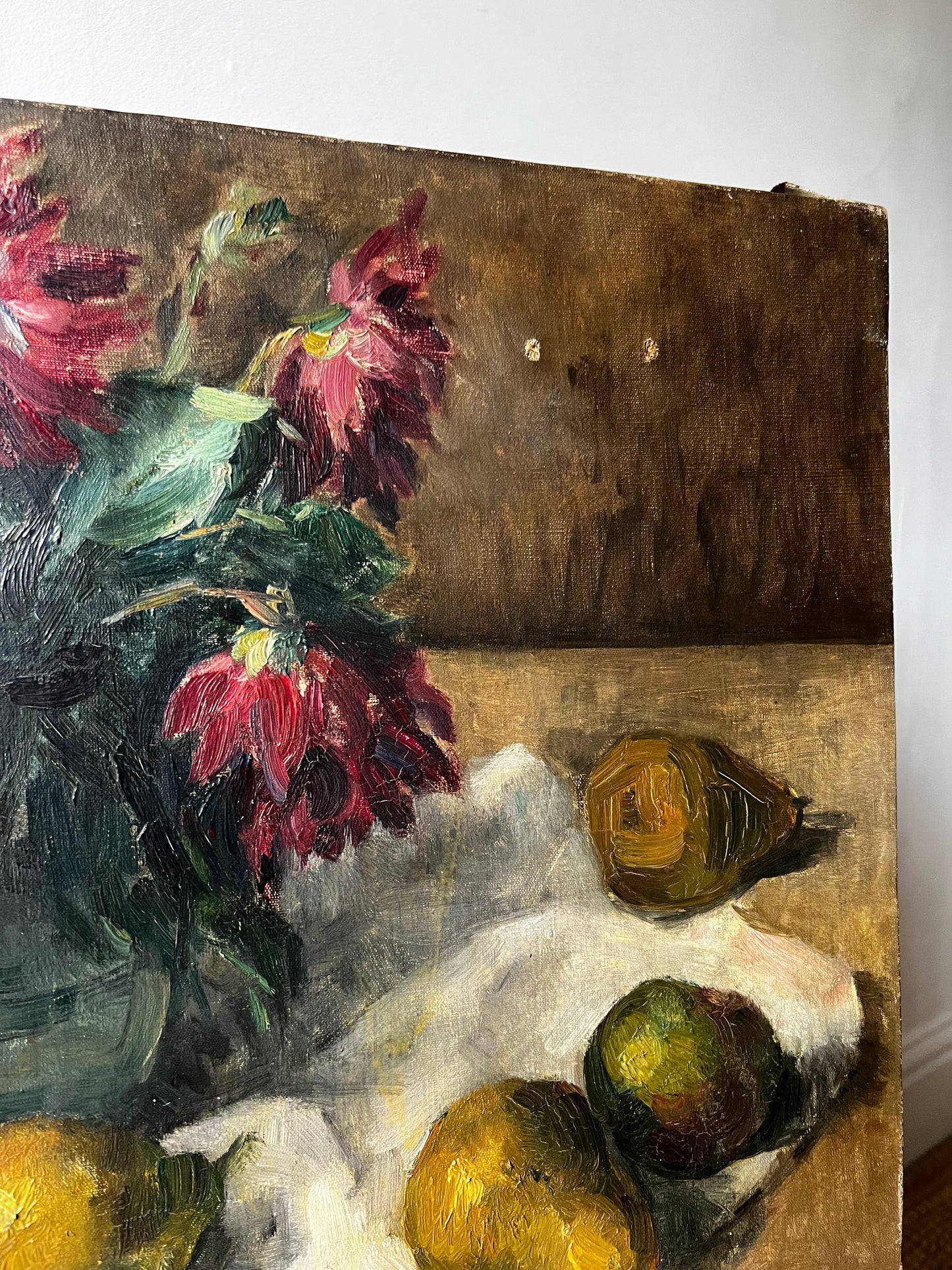 French 1930’s Still Life Oil Painting on Canvas Pears & Flowers