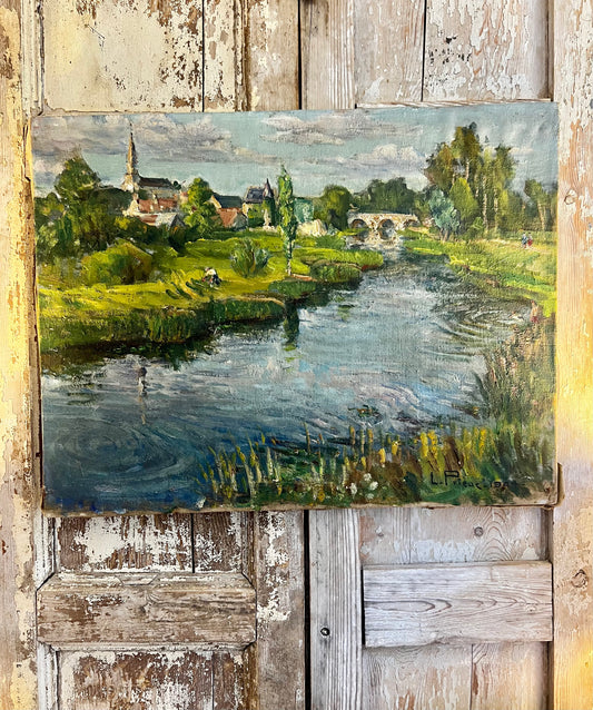 Large French Oil on Canvas Landscape Painting Dated 1944