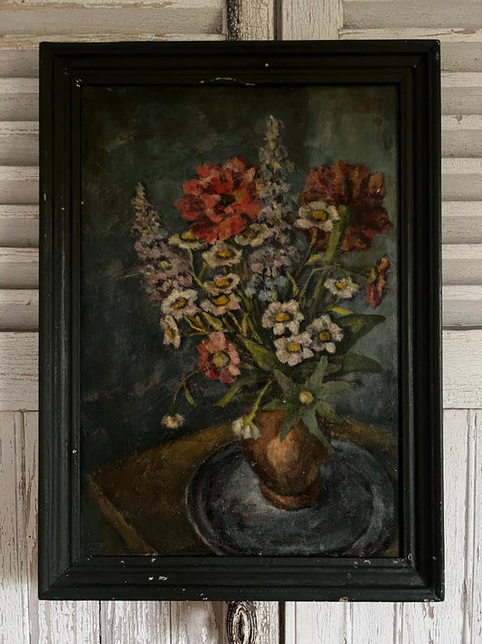 Large French Dark Floral Oil Painting