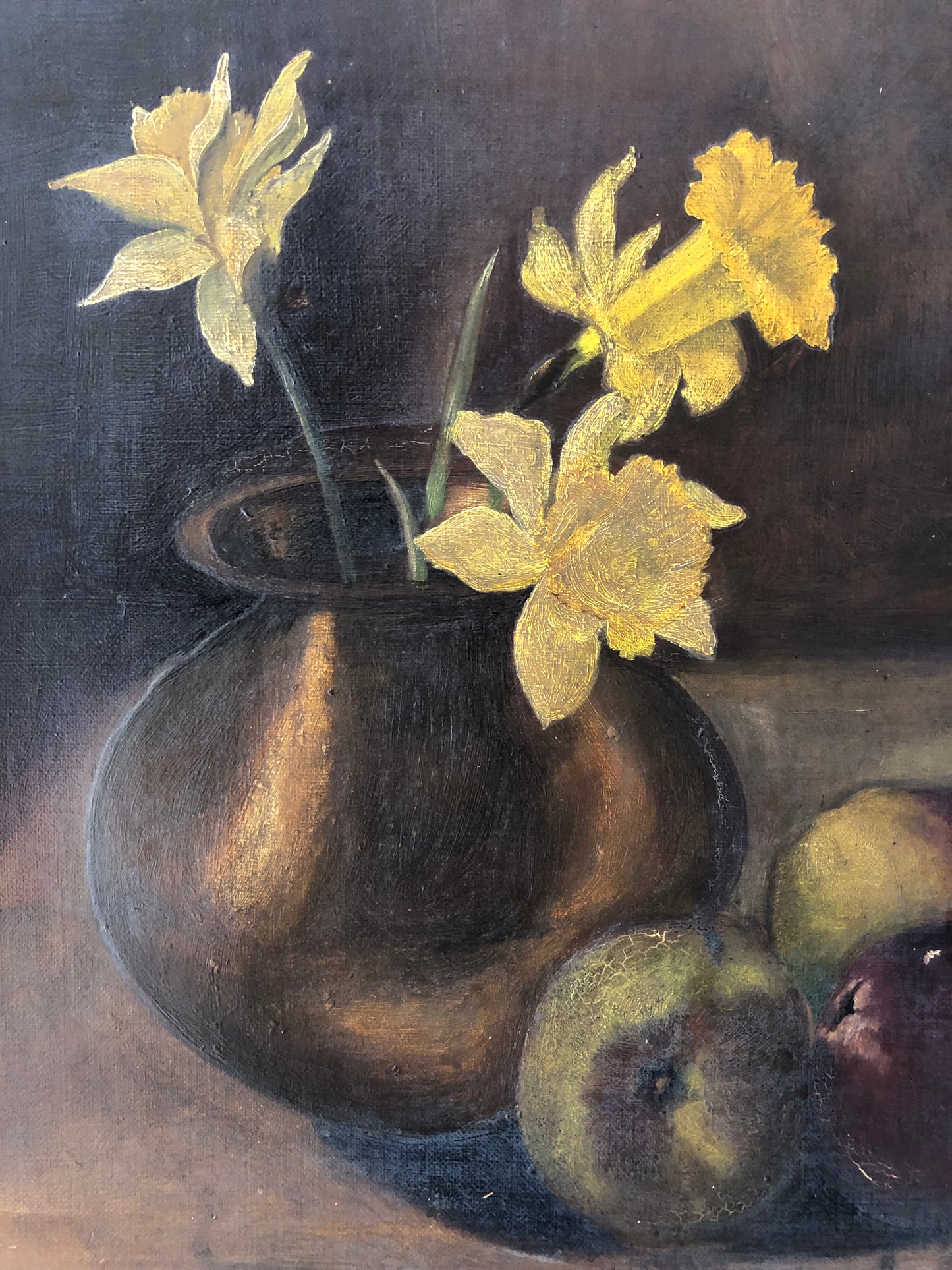 British oil on canvas still life painting Daffodils and Apples