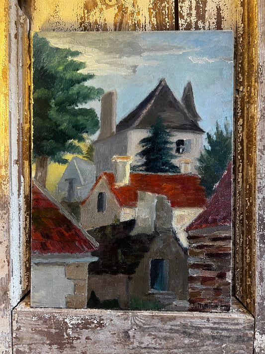 Vintage French Oil on Board Painting ‘ Roof Tops ‘