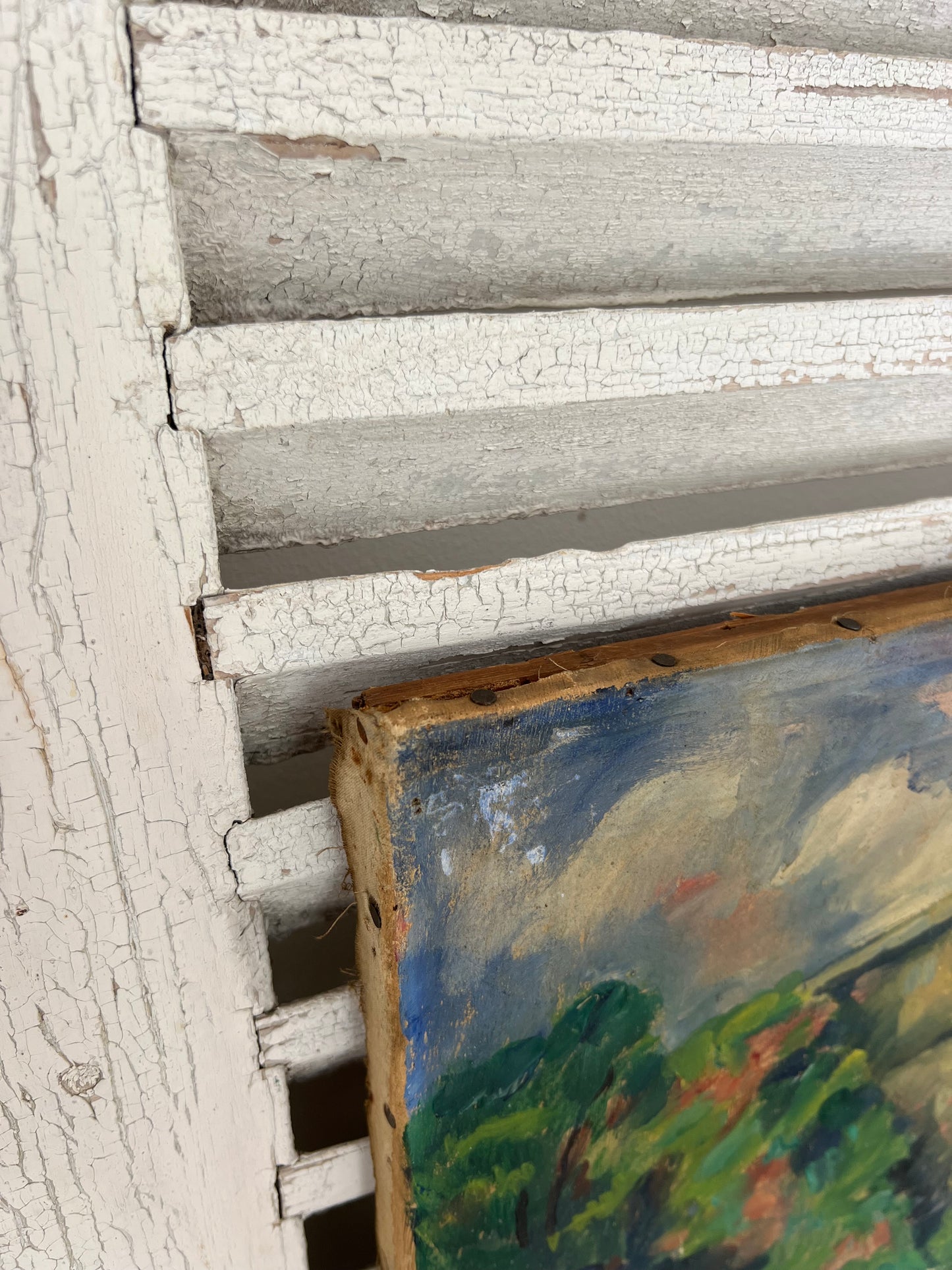 French Oil on Canvas Painting by Edouard Alluaud 1930’s ‘Viaduct Cottages’