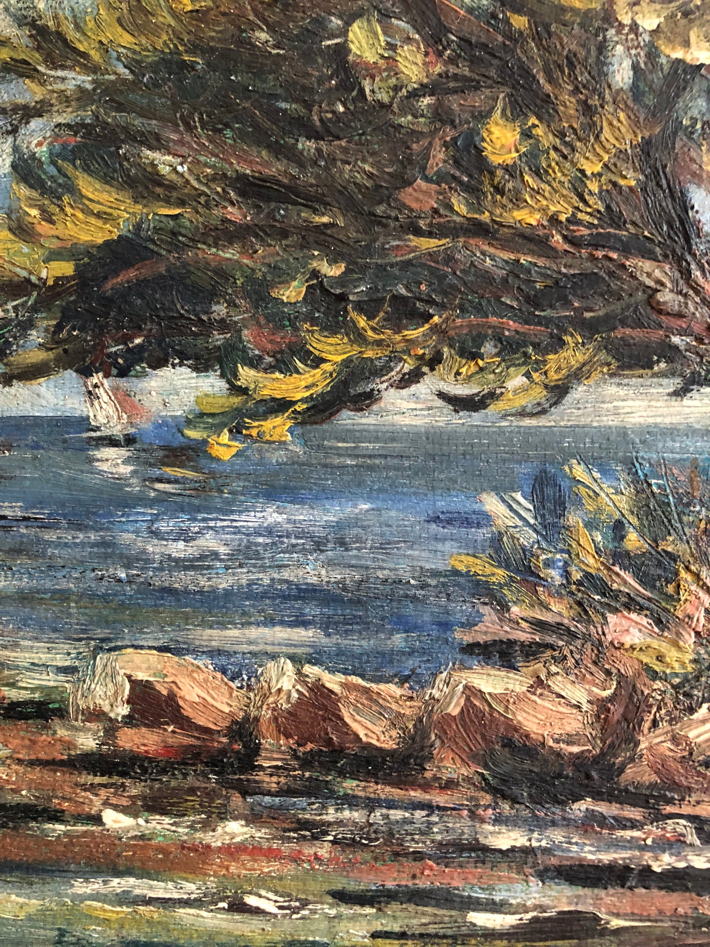 French 1930’s Oil on board seascape painting of Yachts on the Provence coast