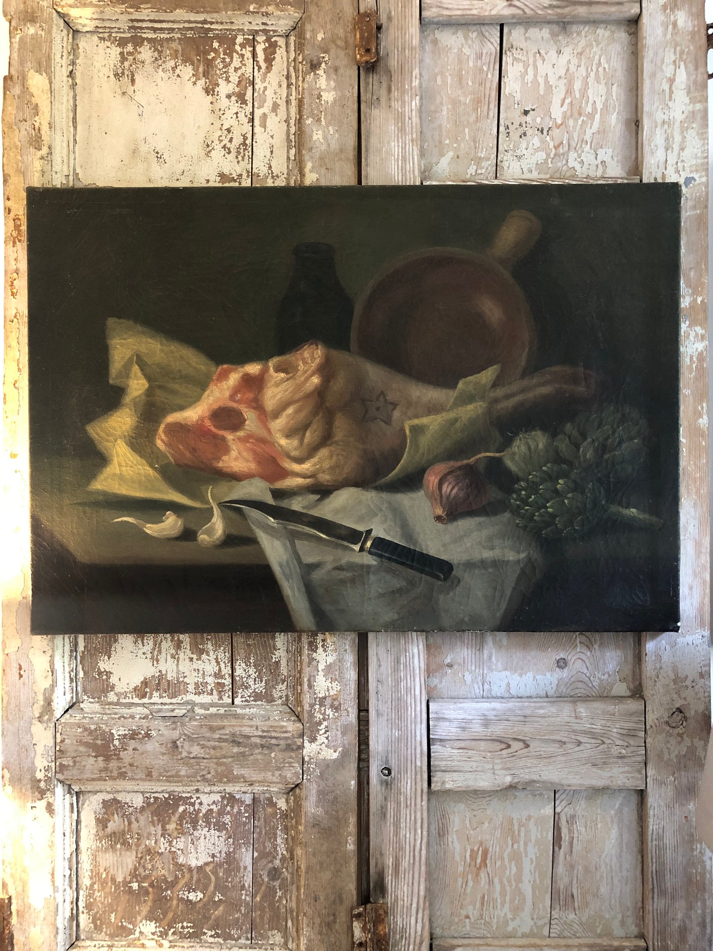 French 19th Century Dark oil on canvas still life painting