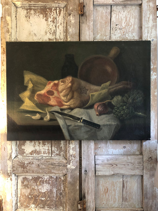 French 19th Century Dark oil on canvas still life painting