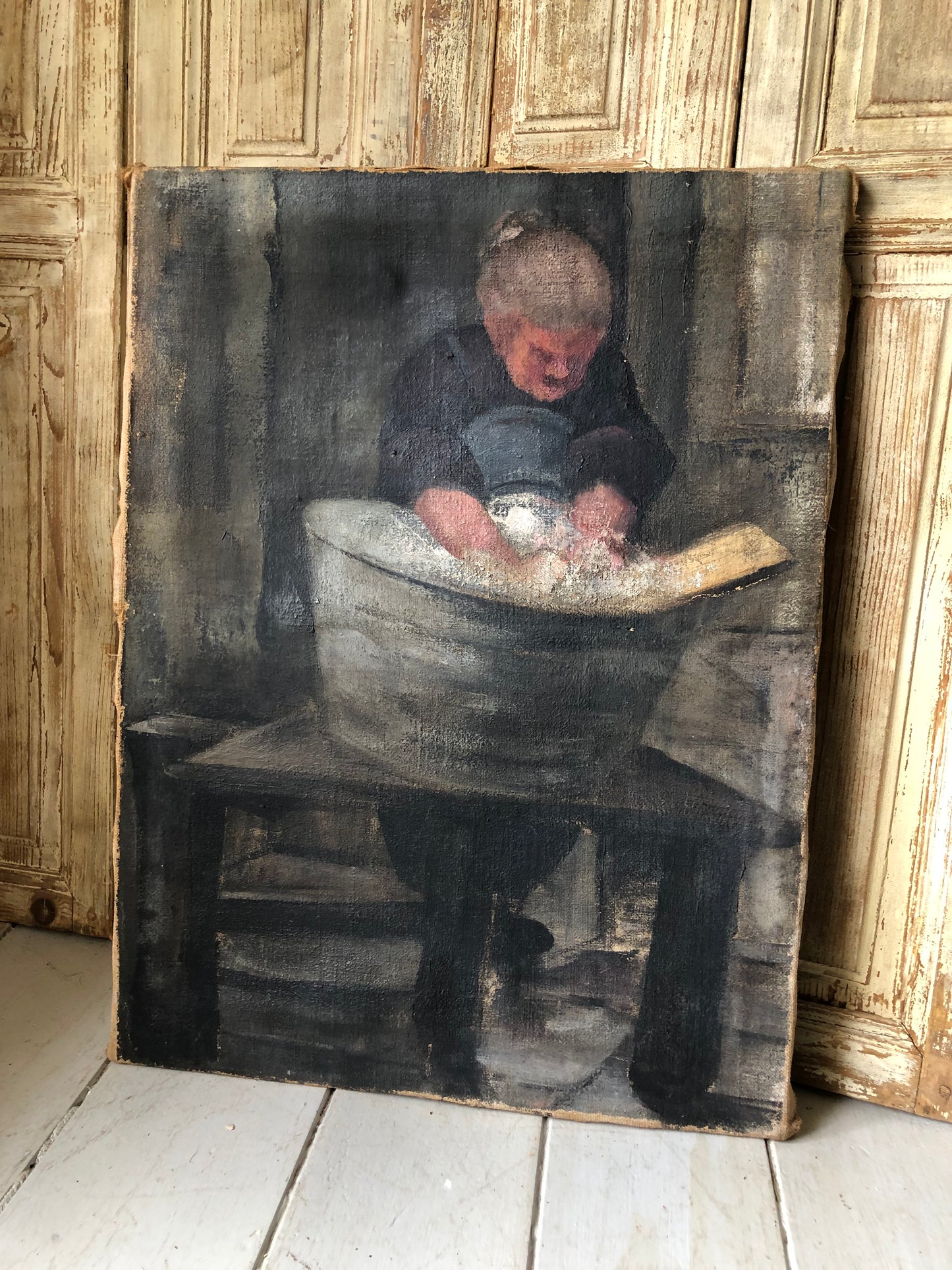 French 1920’s Large Dark atmospheric oil painting on canvas ‘Woman doing Washing’