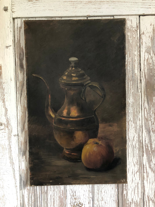 French Oil Painting On Canvas Still Life Copper Pot & Apple