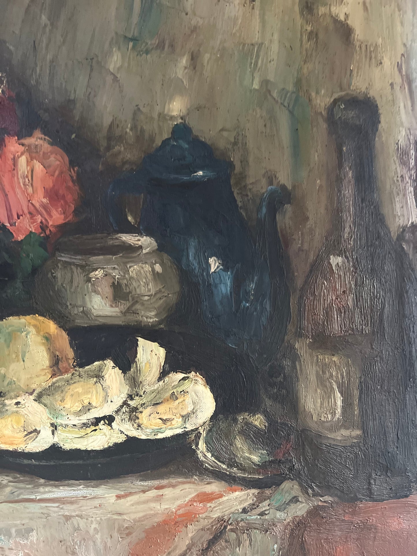 Large Post Impressionist Belgian Oil on Canvas Still Life Painting by Richard-Leon Leutenez 1881-1963 Roses & Oysters