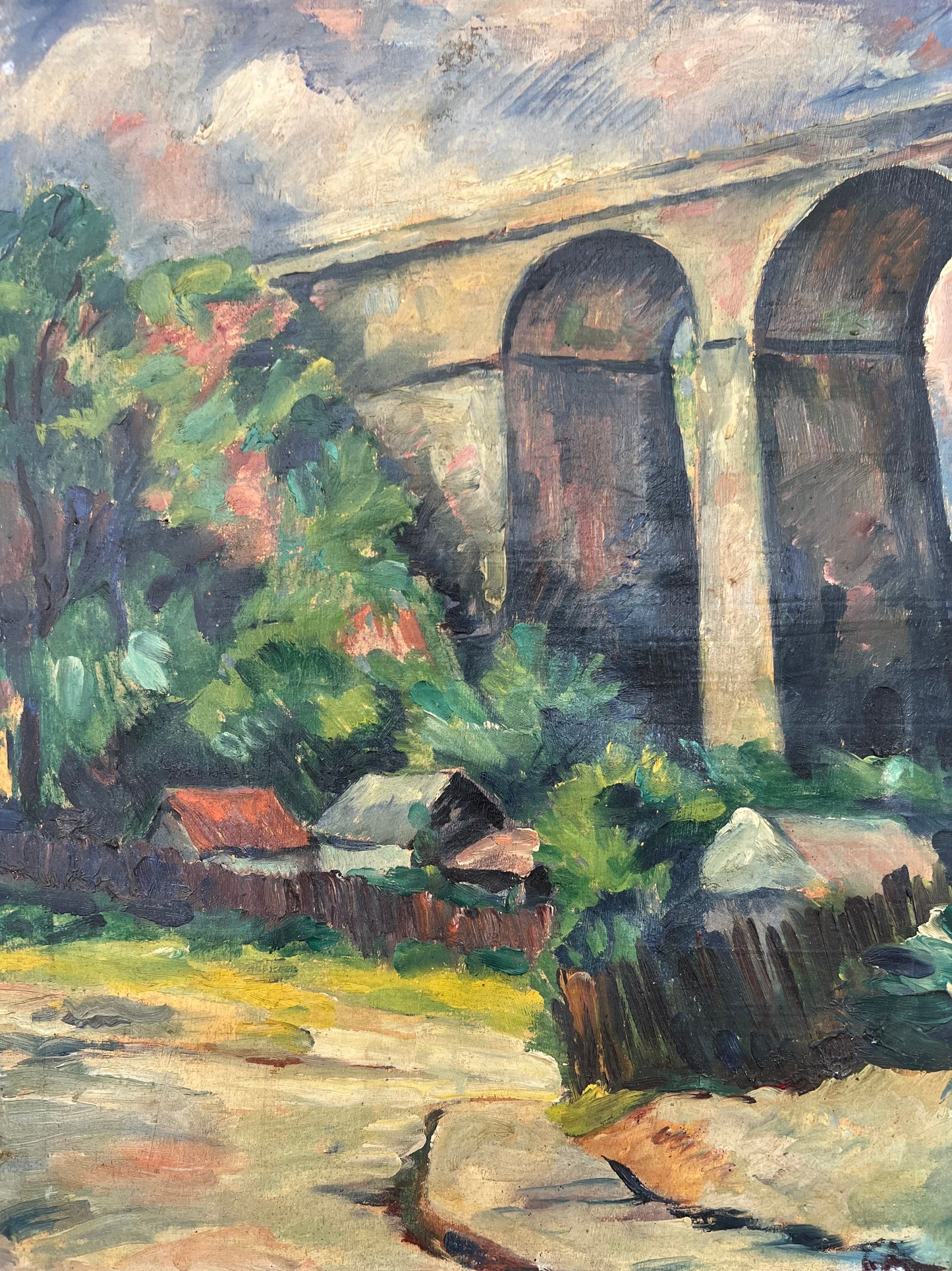 French Oil on Canvas Painting by Edouard Alluaud 1930’s ‘Viaduct Cottages’