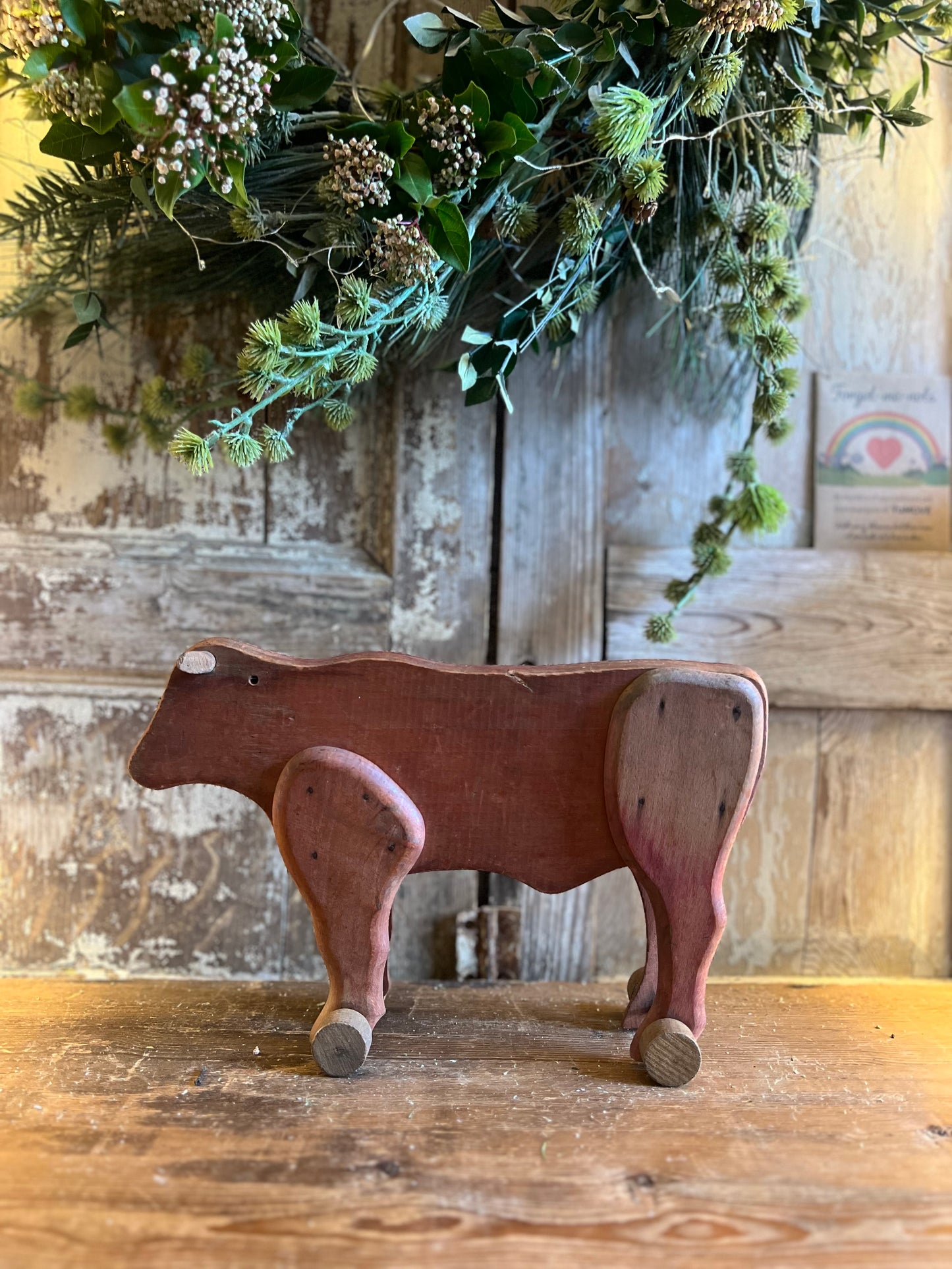 Vintage French Wooden Cow on wheels