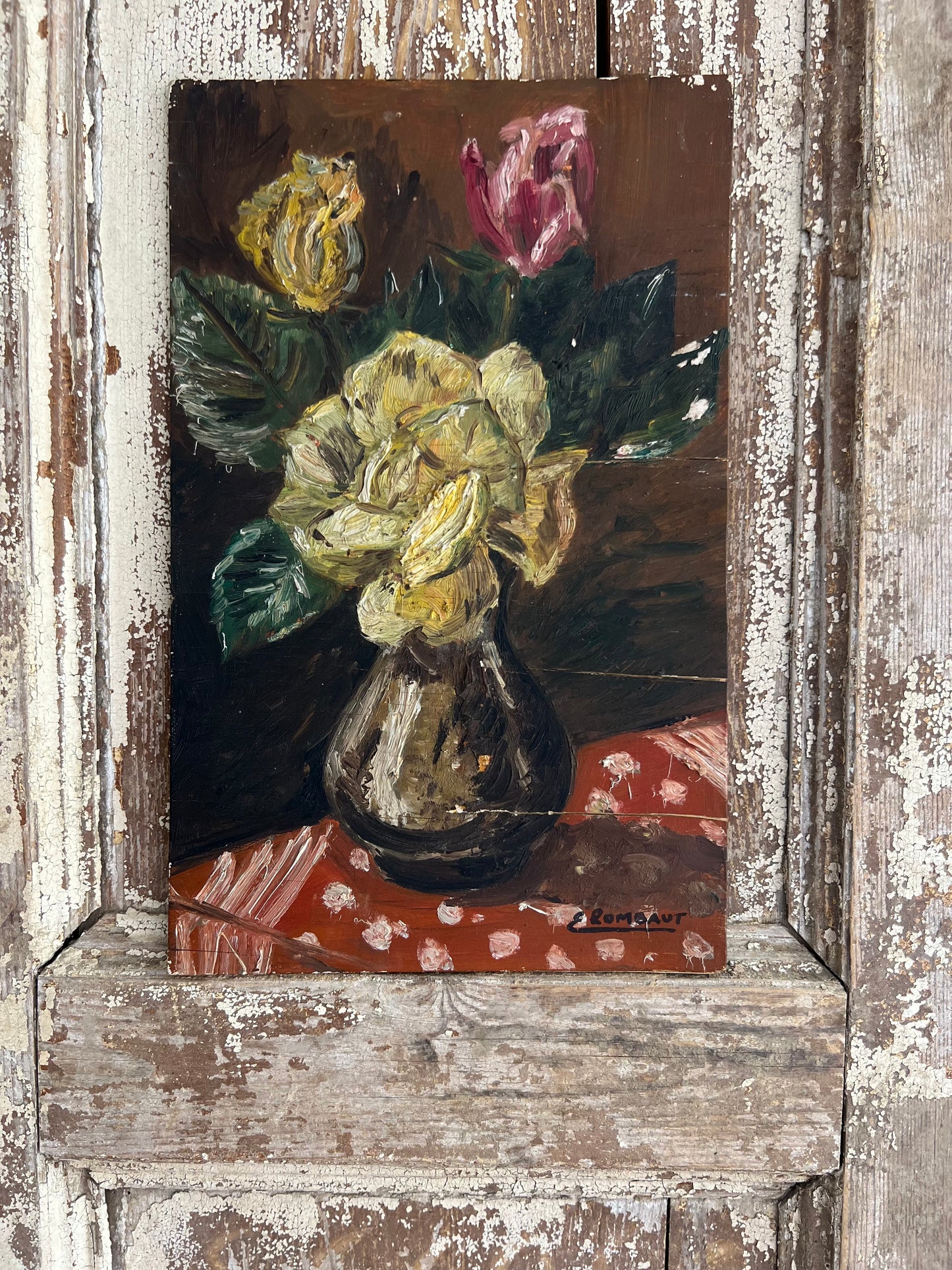 Charming Small French Floral Painting on red tablecloth Oil Painting