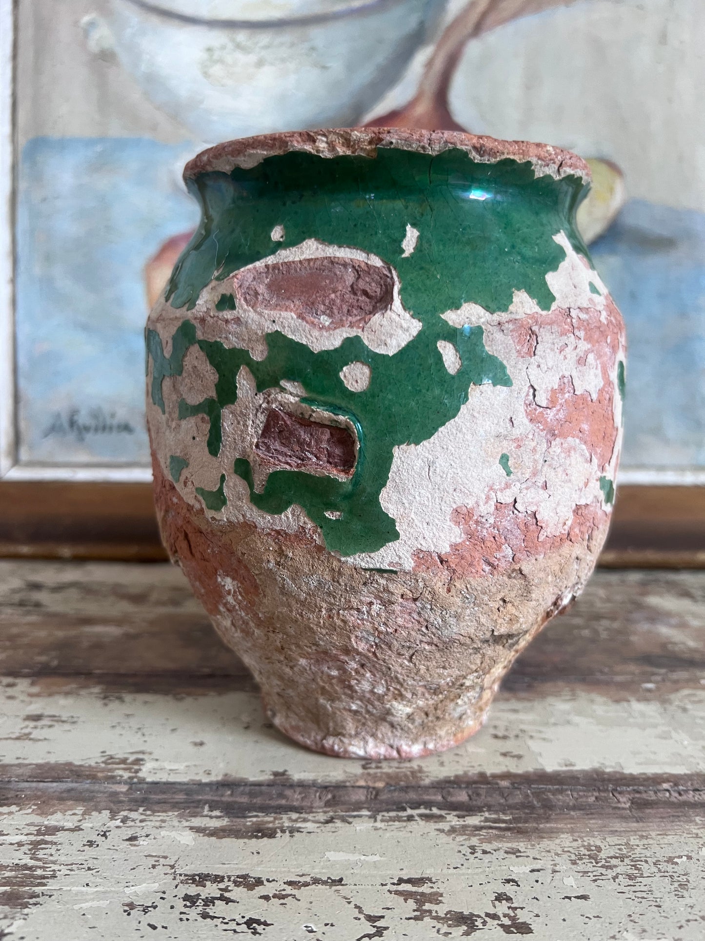Rustic French 19th Century Green small confit pot