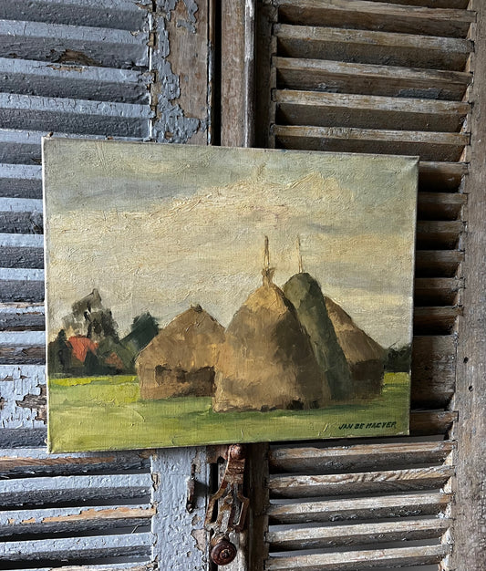 Belgian Oil on Canvas Painting of Haystacks by Jan De Maeyer