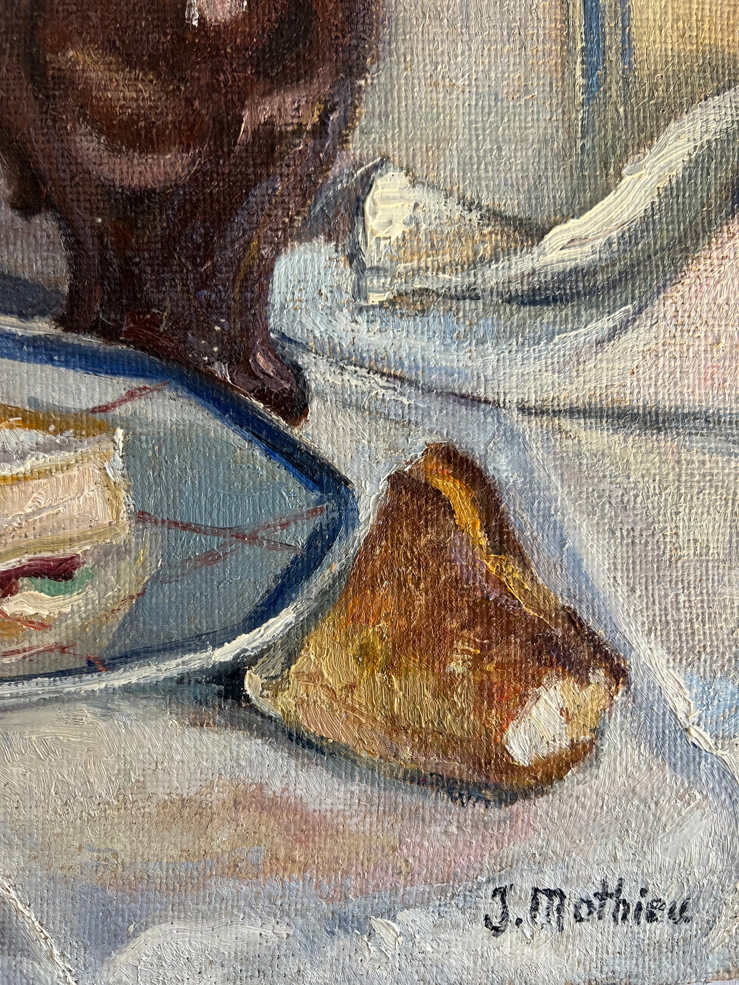 Cheese & Bread French Oil on Canvas Painting by J Mathieu 1955