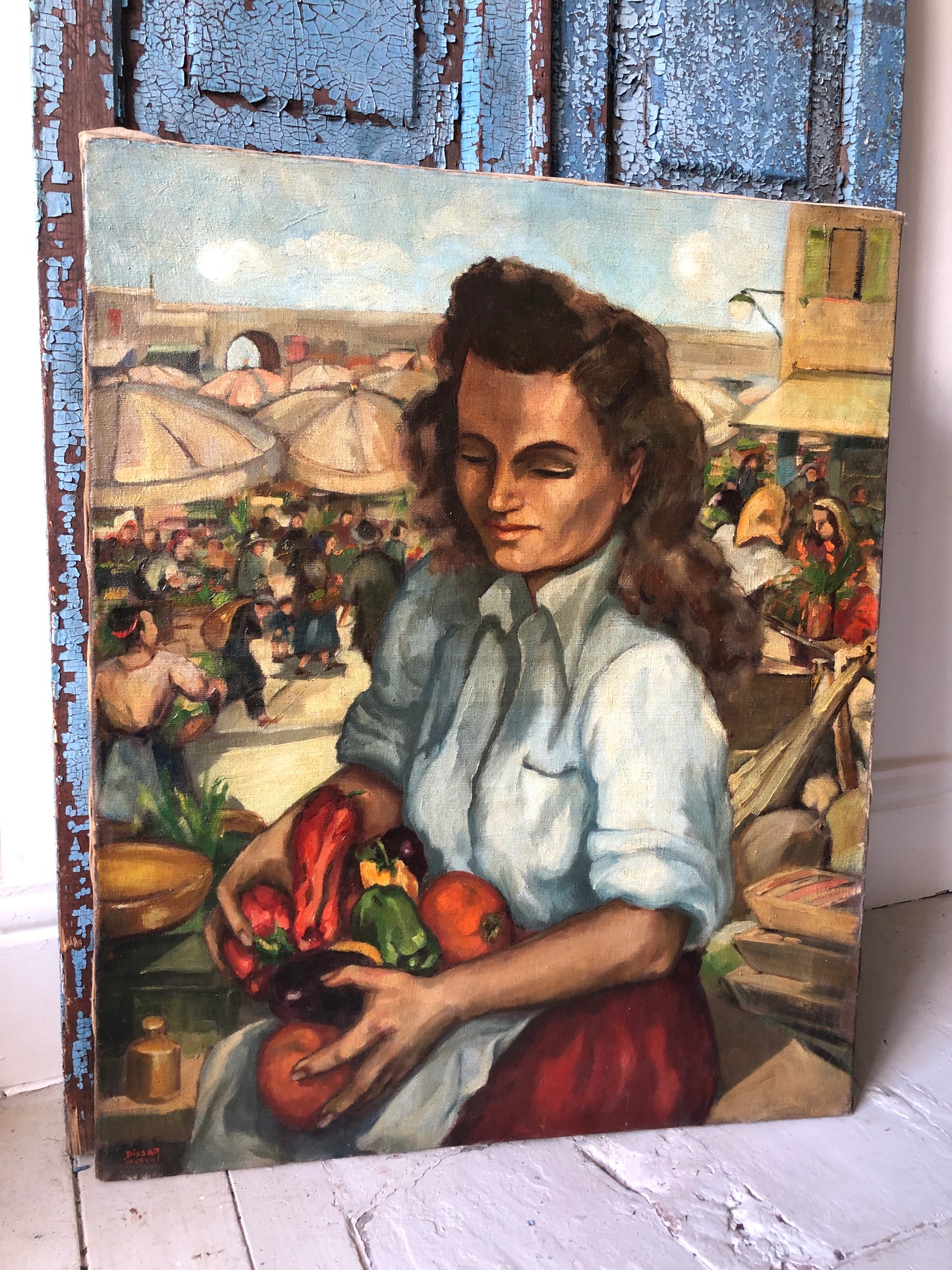 Large French Oil on Canvas Portrait Painting ‘Provence Market’ C1940