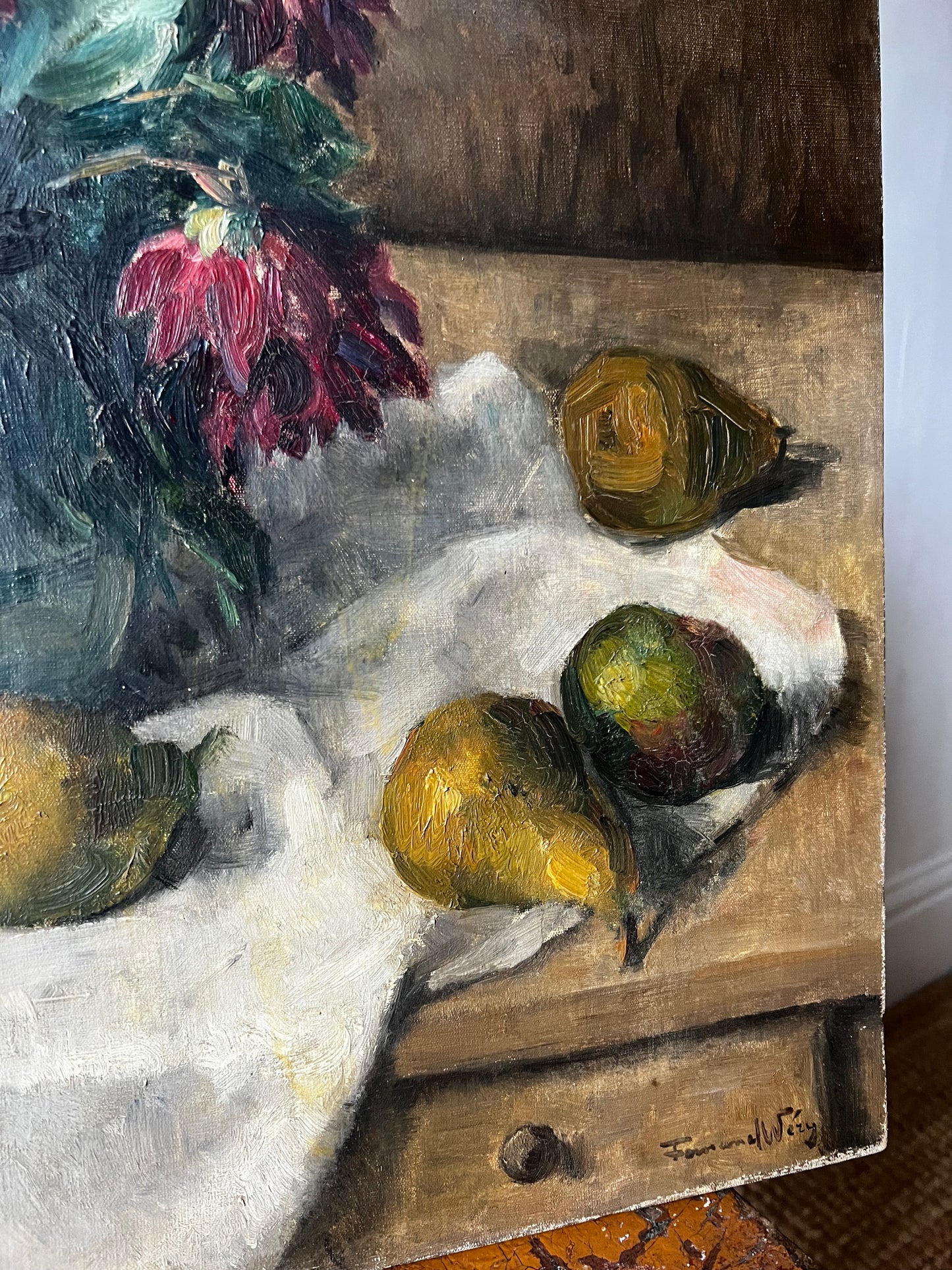 French 1930’s Still Life Oil Painting on Canvas Pears & Flowers