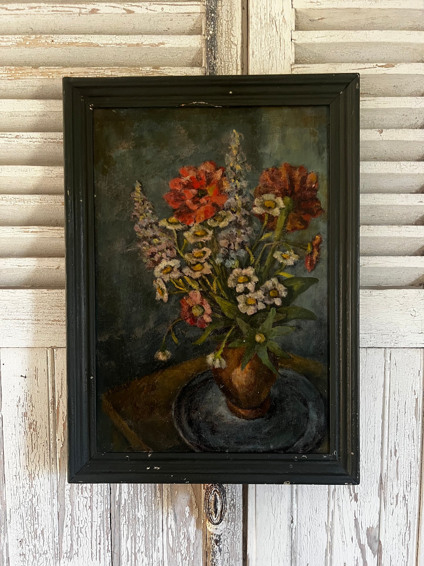 Large French Dark Floral Oil Painting