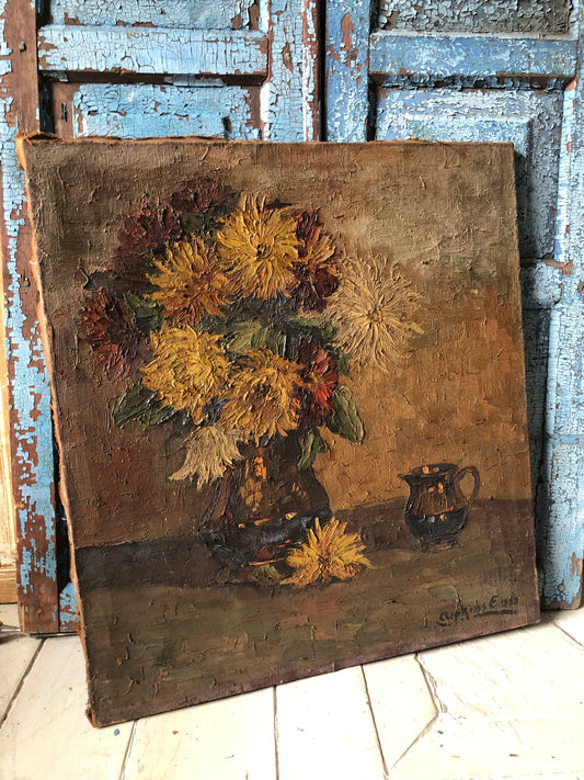 Large Belgian Floral Oil on Canvas Oil Painting dated 1930