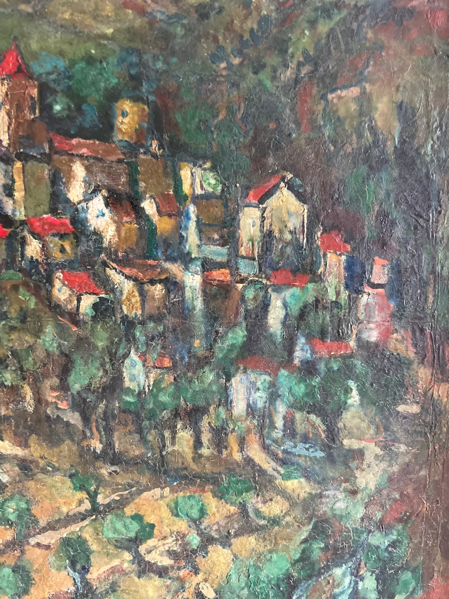 Large Provence Oil Painting of a Hilltop Village & Vineyard