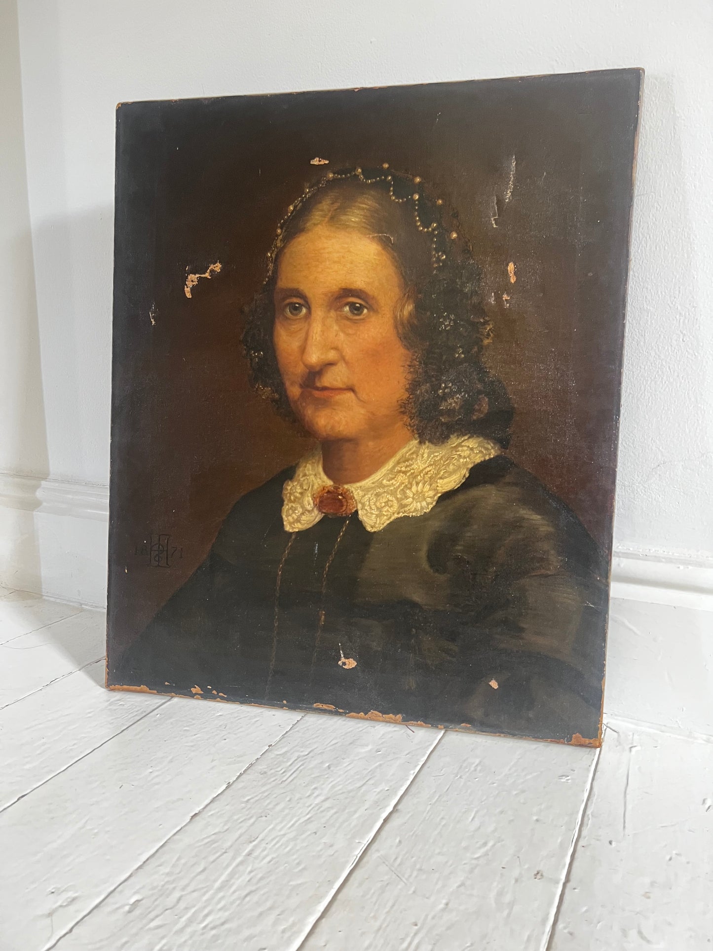 Dark Female Portrait Oil on Canvas Painting 1871