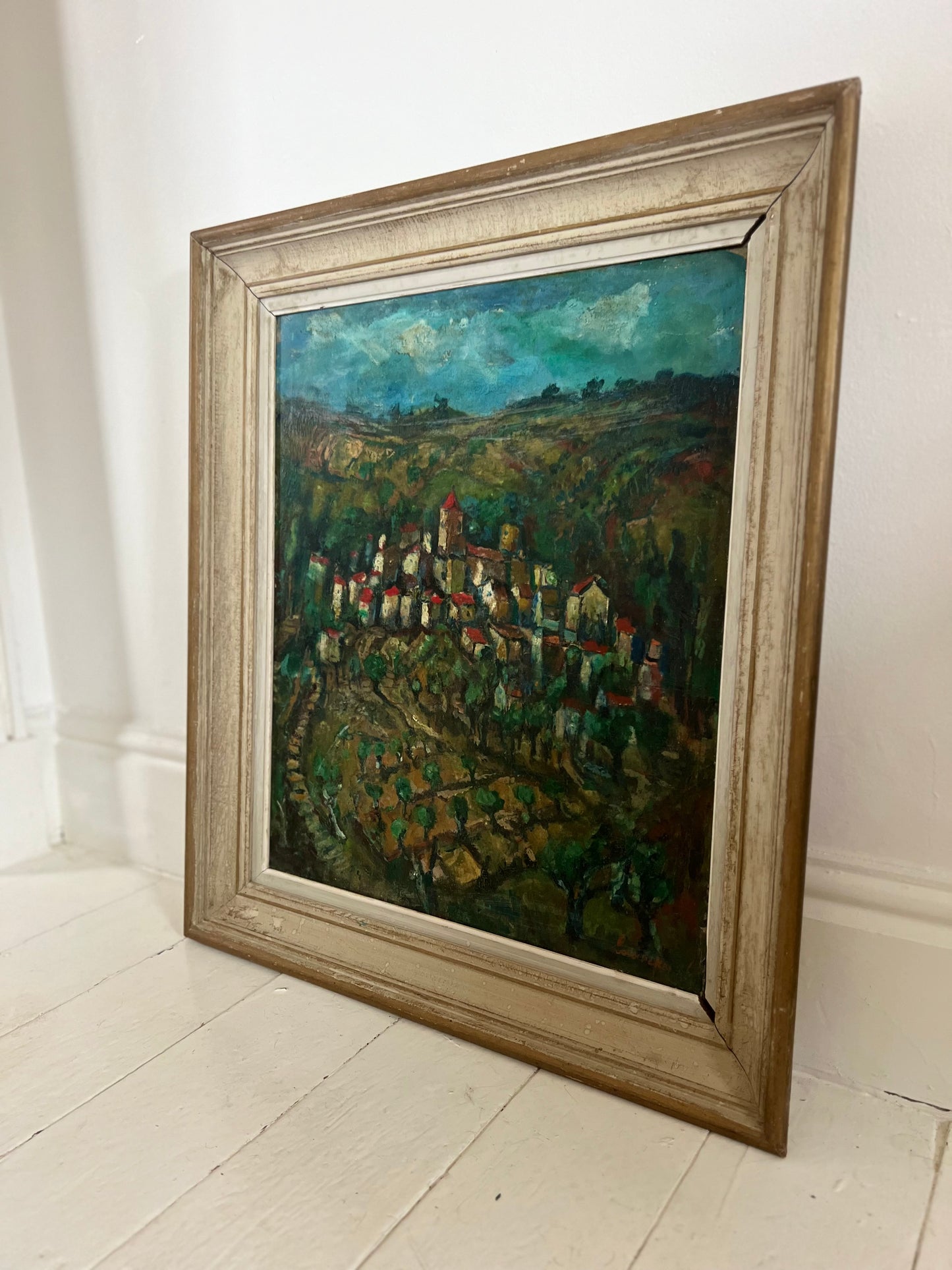 Large Provence Oil Painting of a Hilltop Village & Vineyard 1920